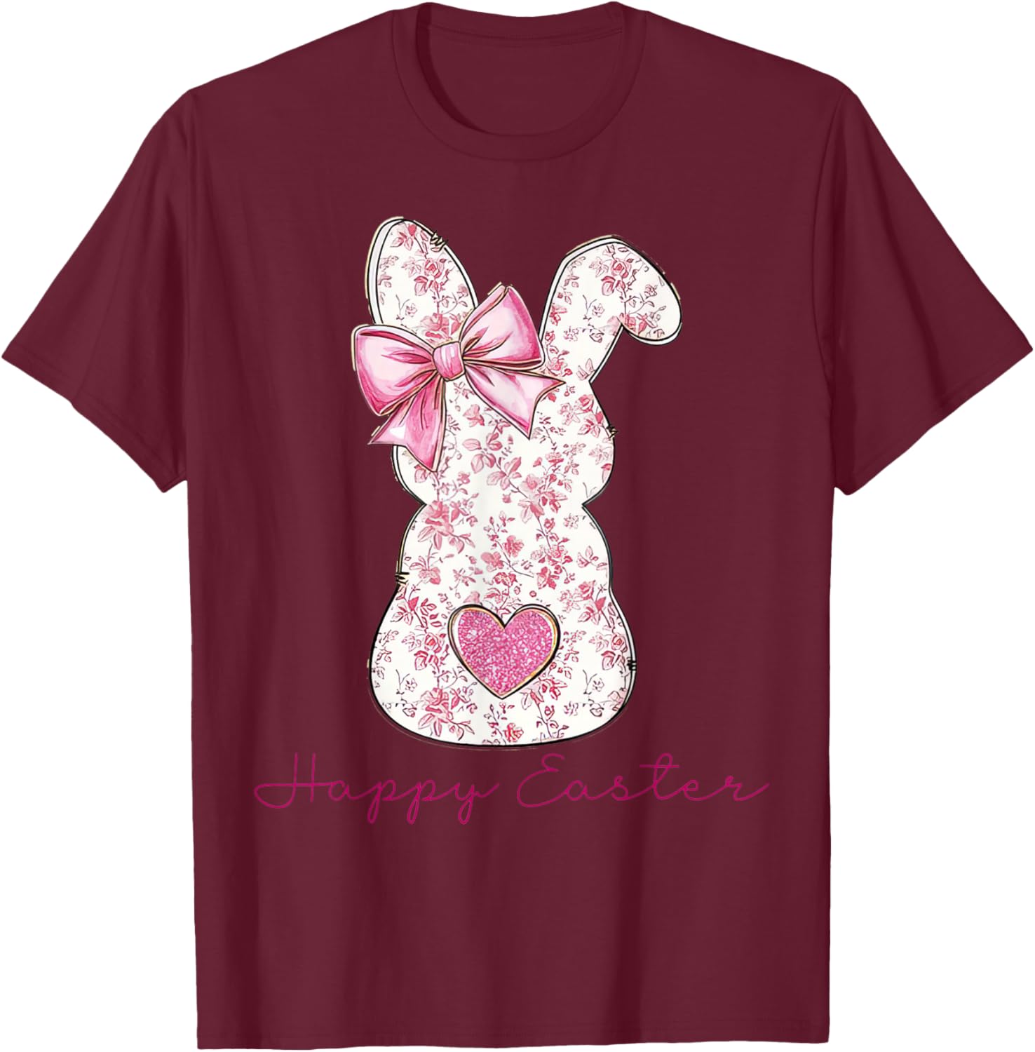 Happy Easter Pink Floral Bunny T-Shirt for Girls and Women - 4