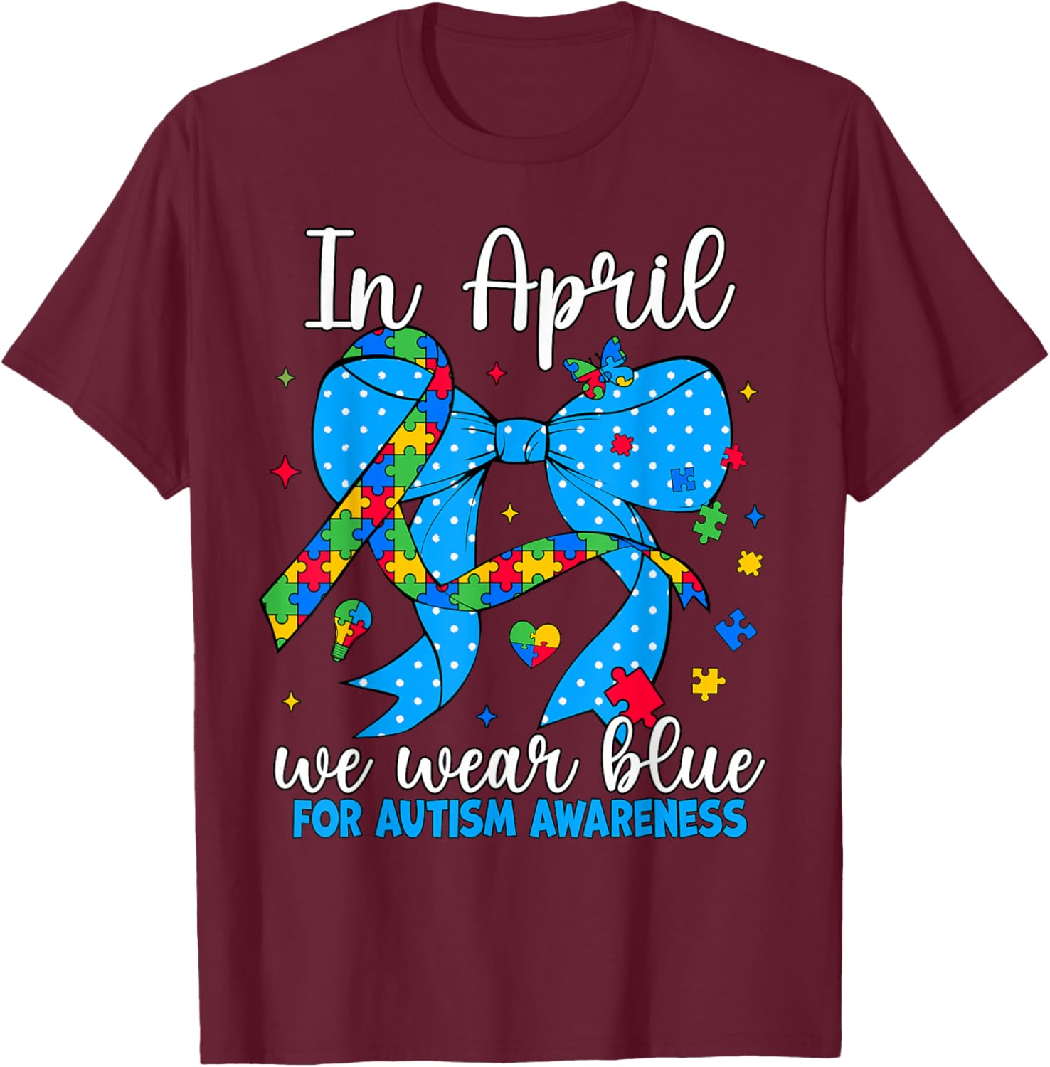 April Autism Awareness Blue Coquette Bow Puzzle T-Shirt for Support - 8