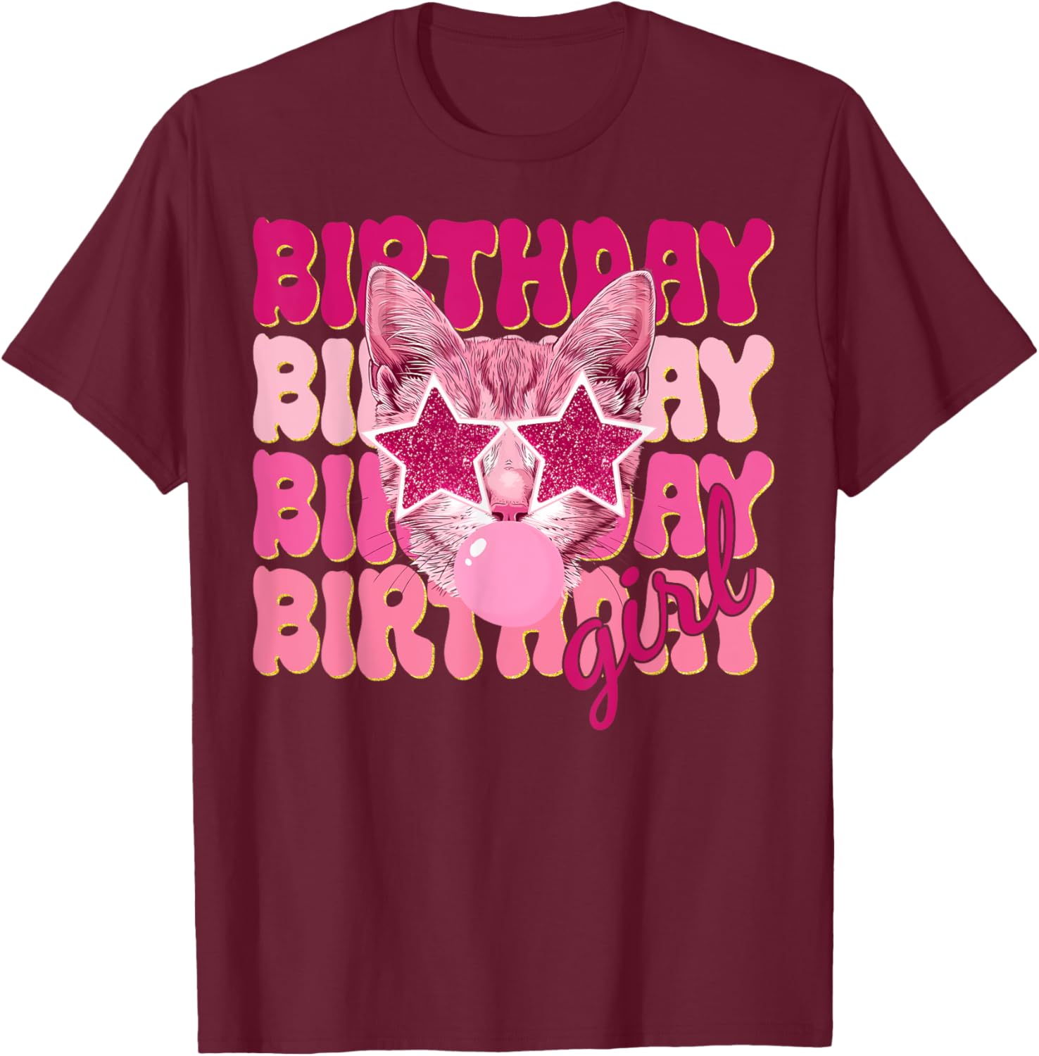 Birthday Girl Cat Bubble Blowing T-Shirt for Women Teens and Kids - 14