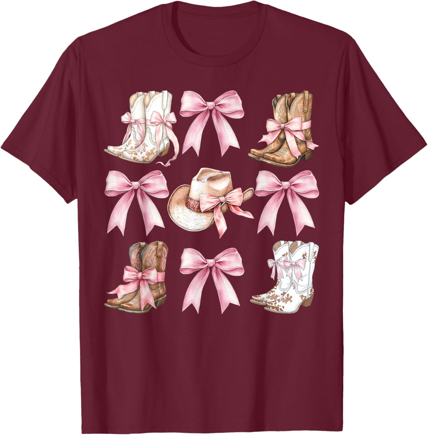 Coquette Cowgirl Boots with Pink Bows Stylish Y2K Womens T-Shirt - 1