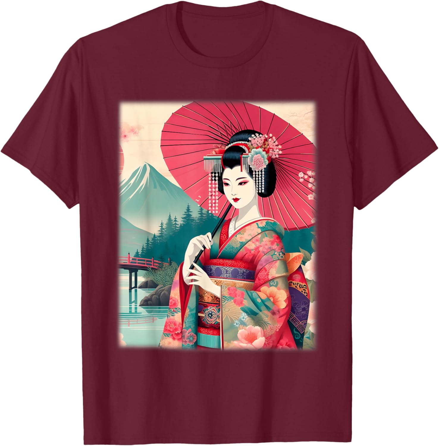 Traditional Japanese Geisha Women's T-Shirt with Hanami Woodblock Art - 14