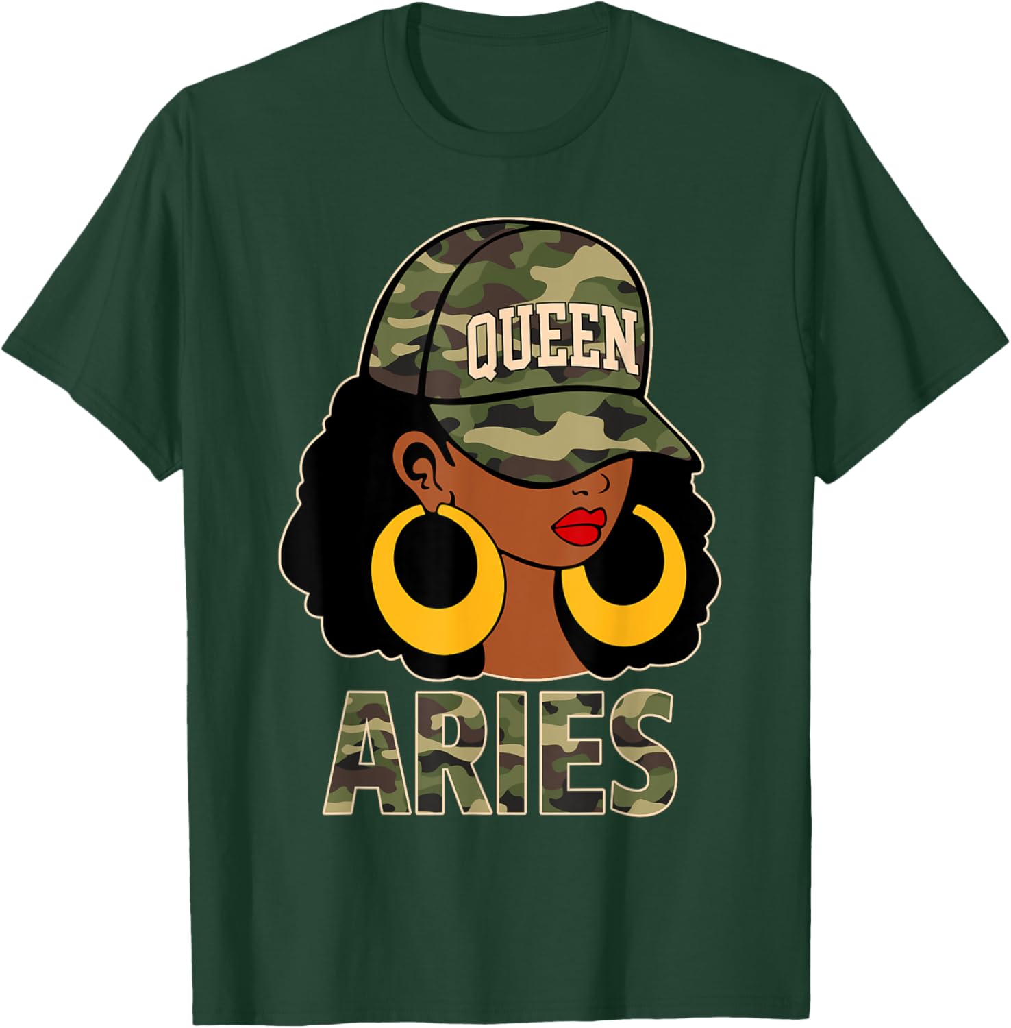 Chic Aries Queen Black Woman Cap Hat and Camo Afro Girl Zodiac T-Shirt - 11