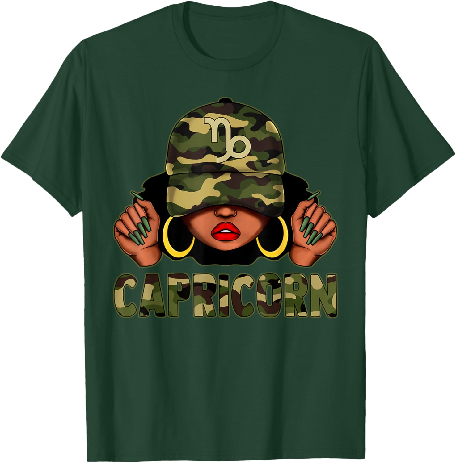 Capricorn Queen Black Woman with Camo Cap Afro Zodiac T-Shirt - 5