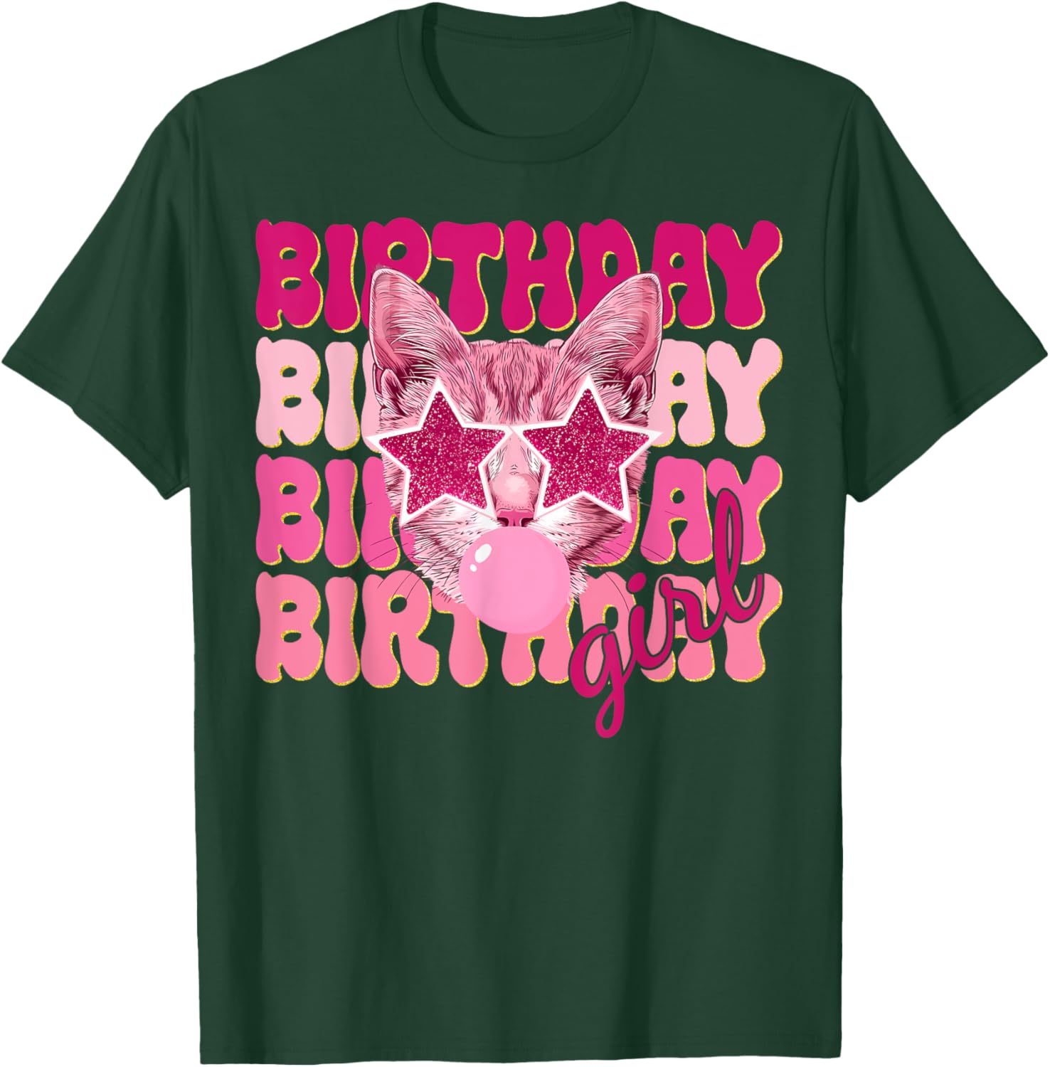 Birthday Girl Cat Bubble Blowing T-Shirt for Women Teens and Kids - 17
