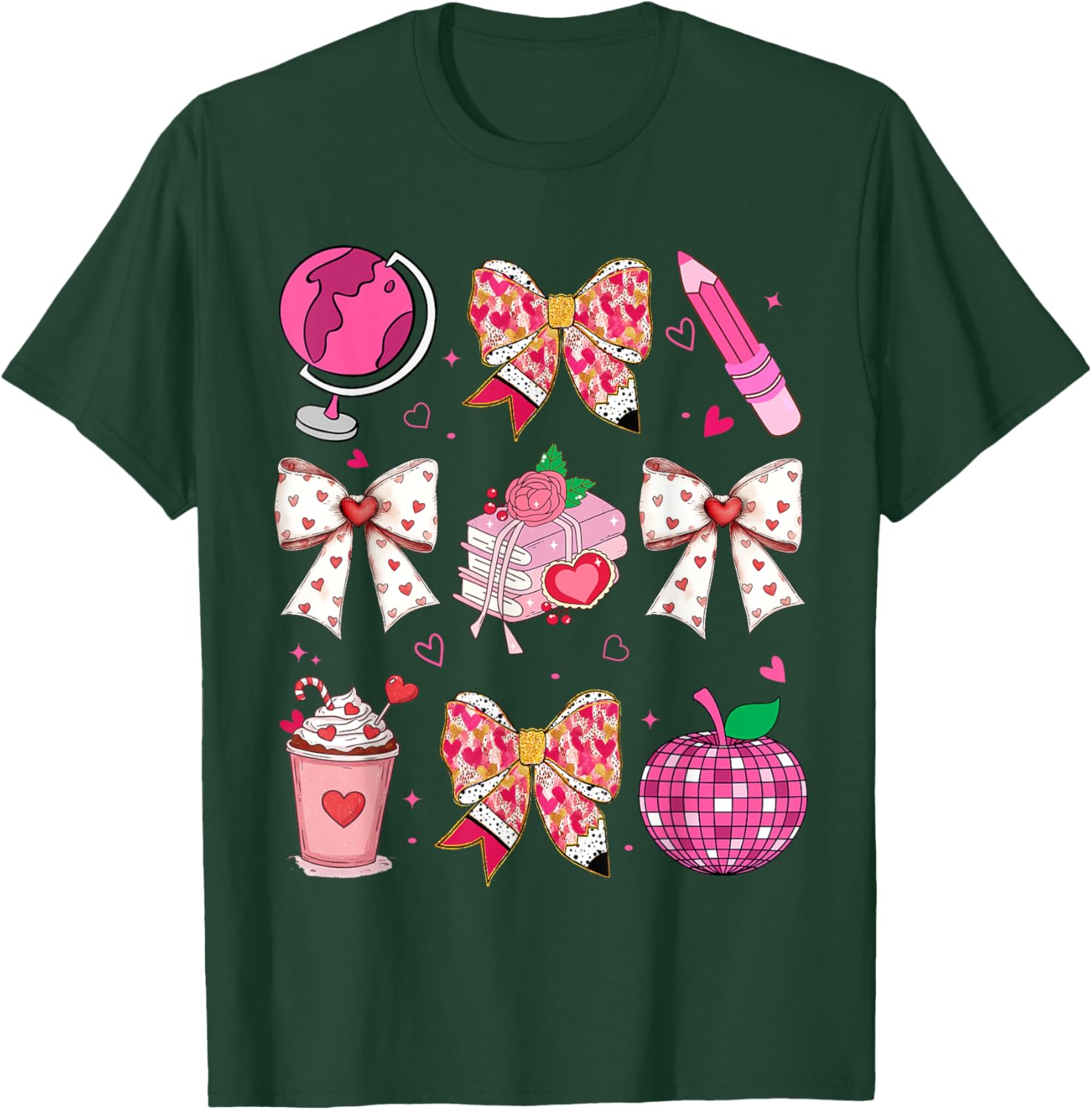Valentine's Day Heart Bow T-Shirt for Teachers with Disco Ball Charm - 25