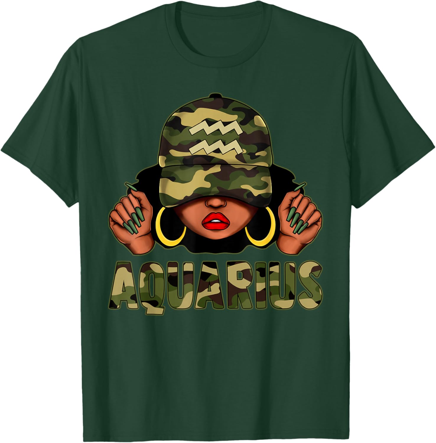 Aquarius Queen Black Woman Camo Afro T-Shirt Stylish Zodiac Apparel - 11