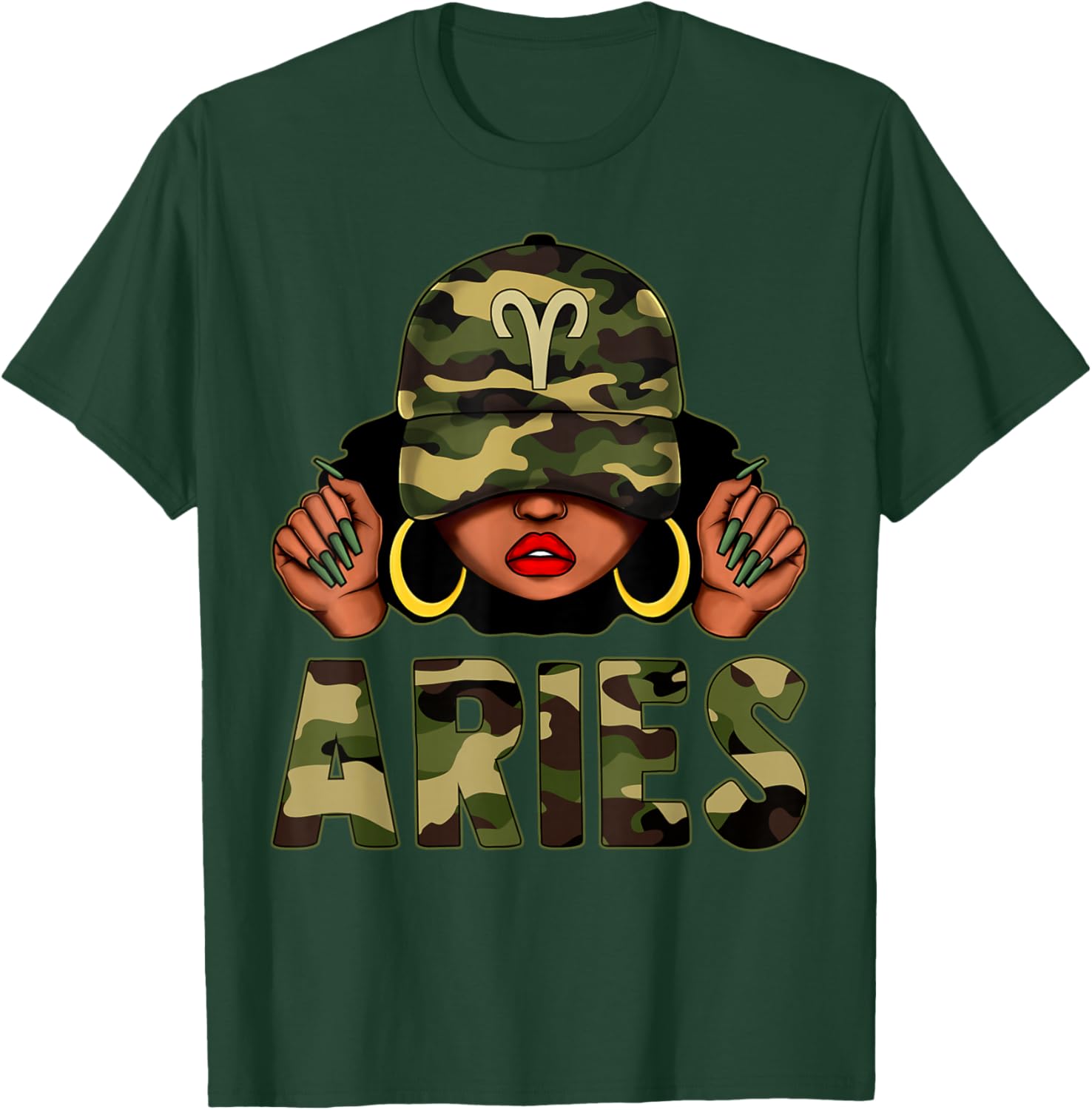 Aries Queen Black Woman Wearing Camo Cap Afro Zodiac T-Shirt - 16