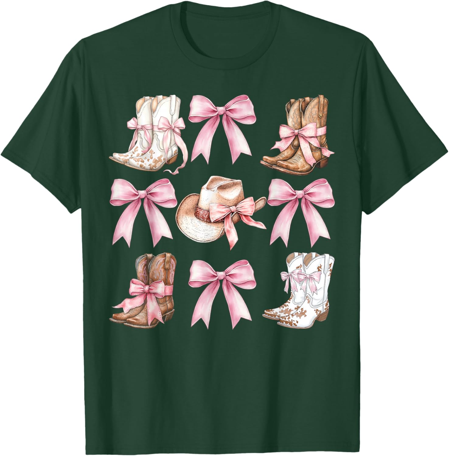 Coquette Cowgirl Boots with Pink Bows Stylish Y2K Womens T-Shirt - 19