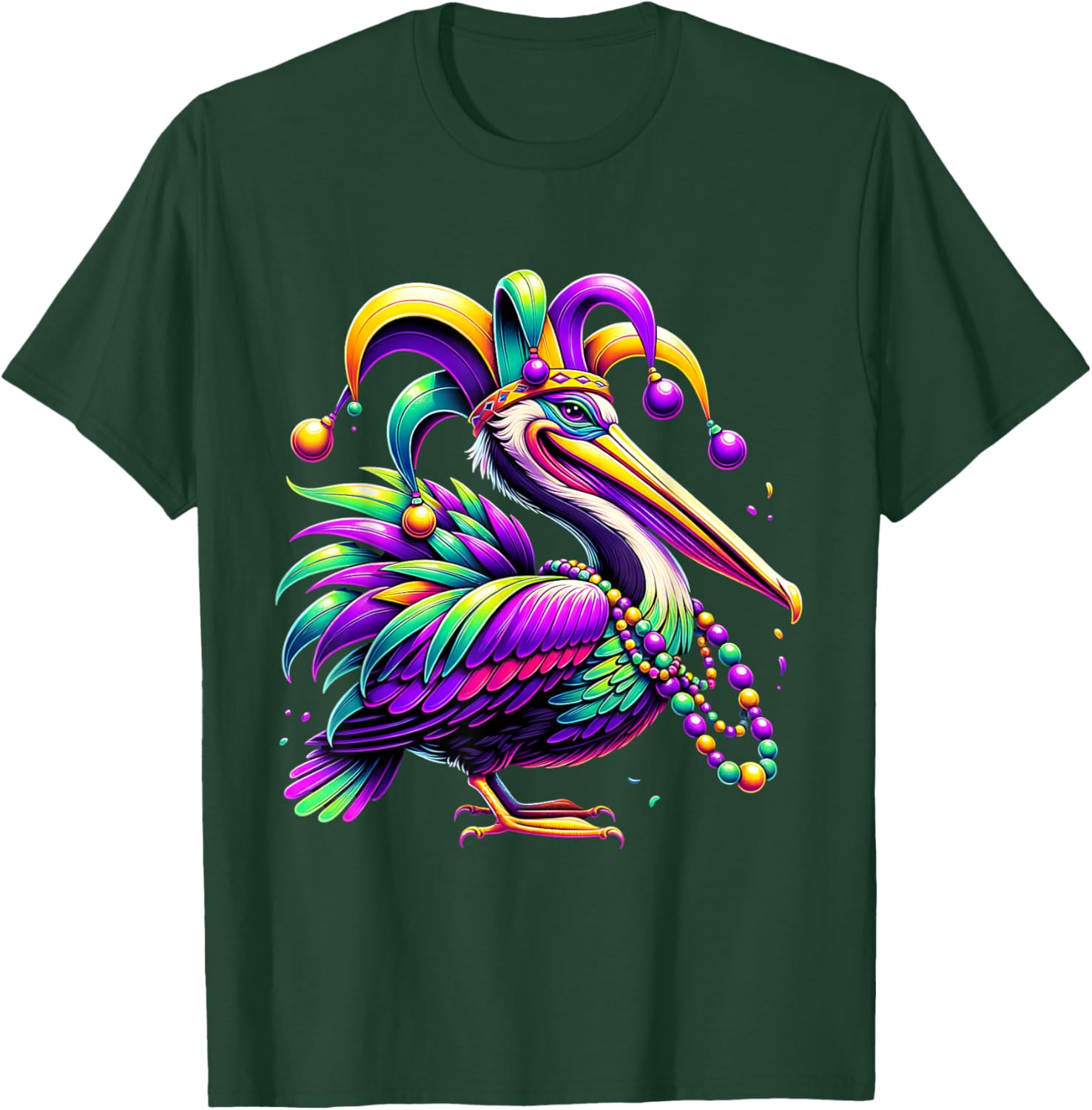Colorful Mardi Gras Pelican Jester Hat Beads T-Shirt for Festive Fun - 8