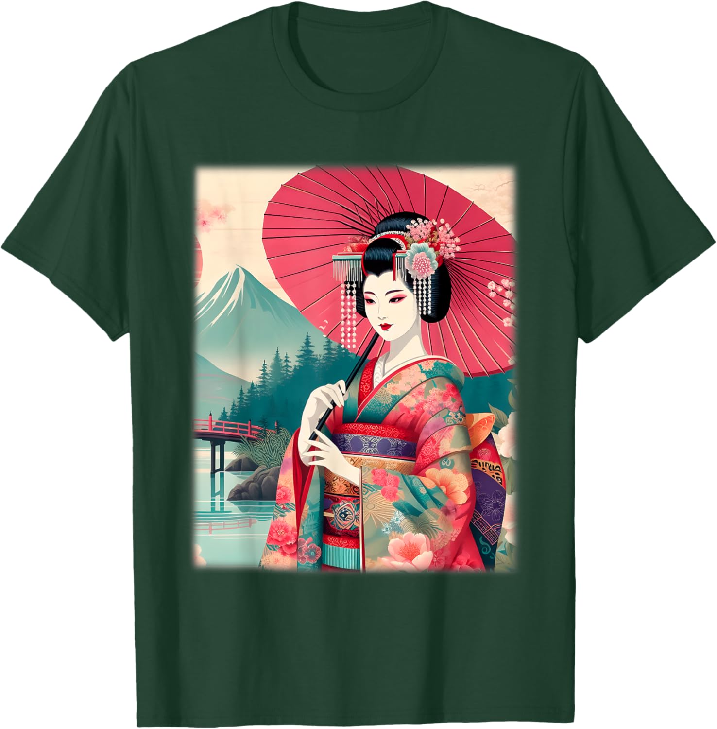 Traditional Japanese Geisha Women's T-Shirt with Hanami Woodblock Art - 7