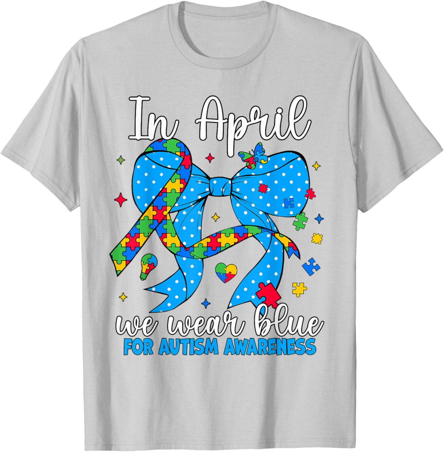 April Autism Awareness Blue Coquette Bow Puzzle T-Shirt for Support - 24