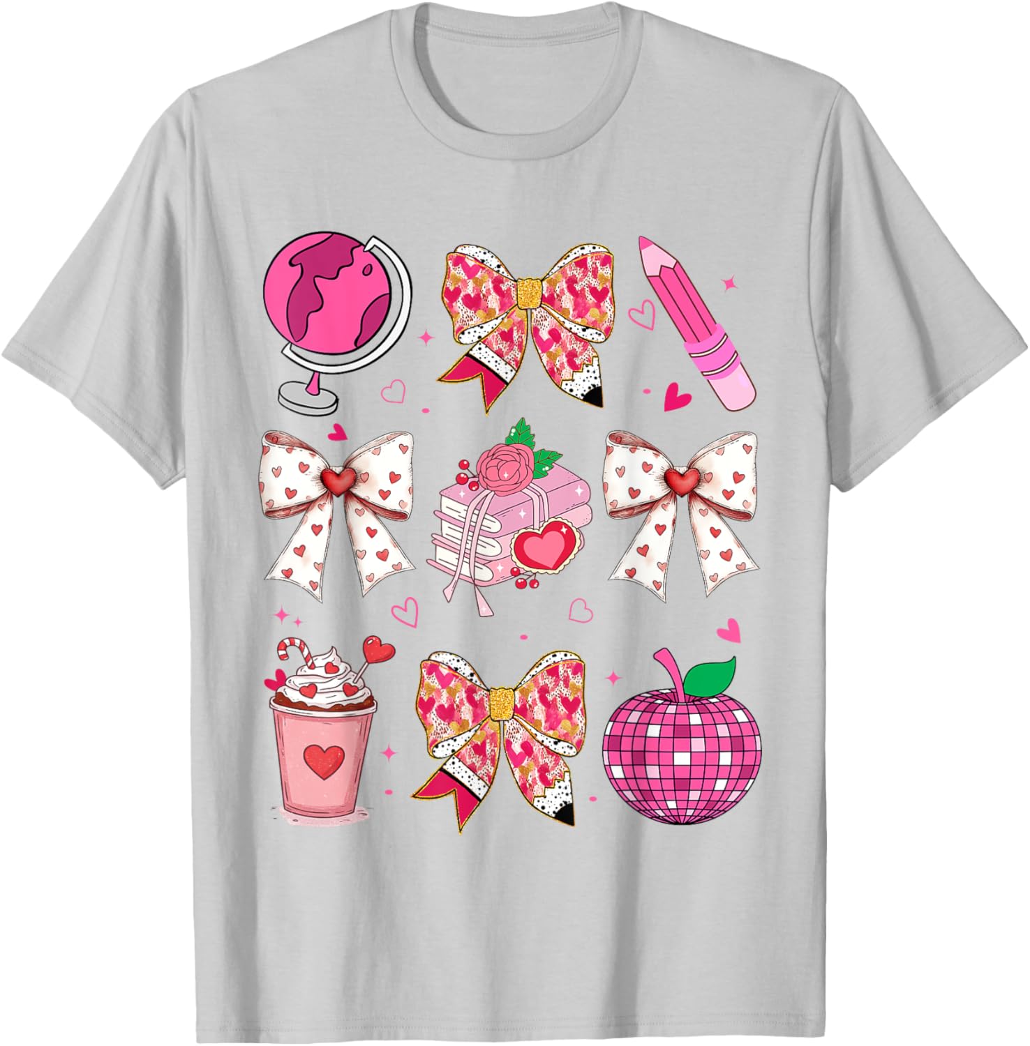 Valentine's Day Heart Bow T-Shirt for Teachers with Disco Ball Charm - 12