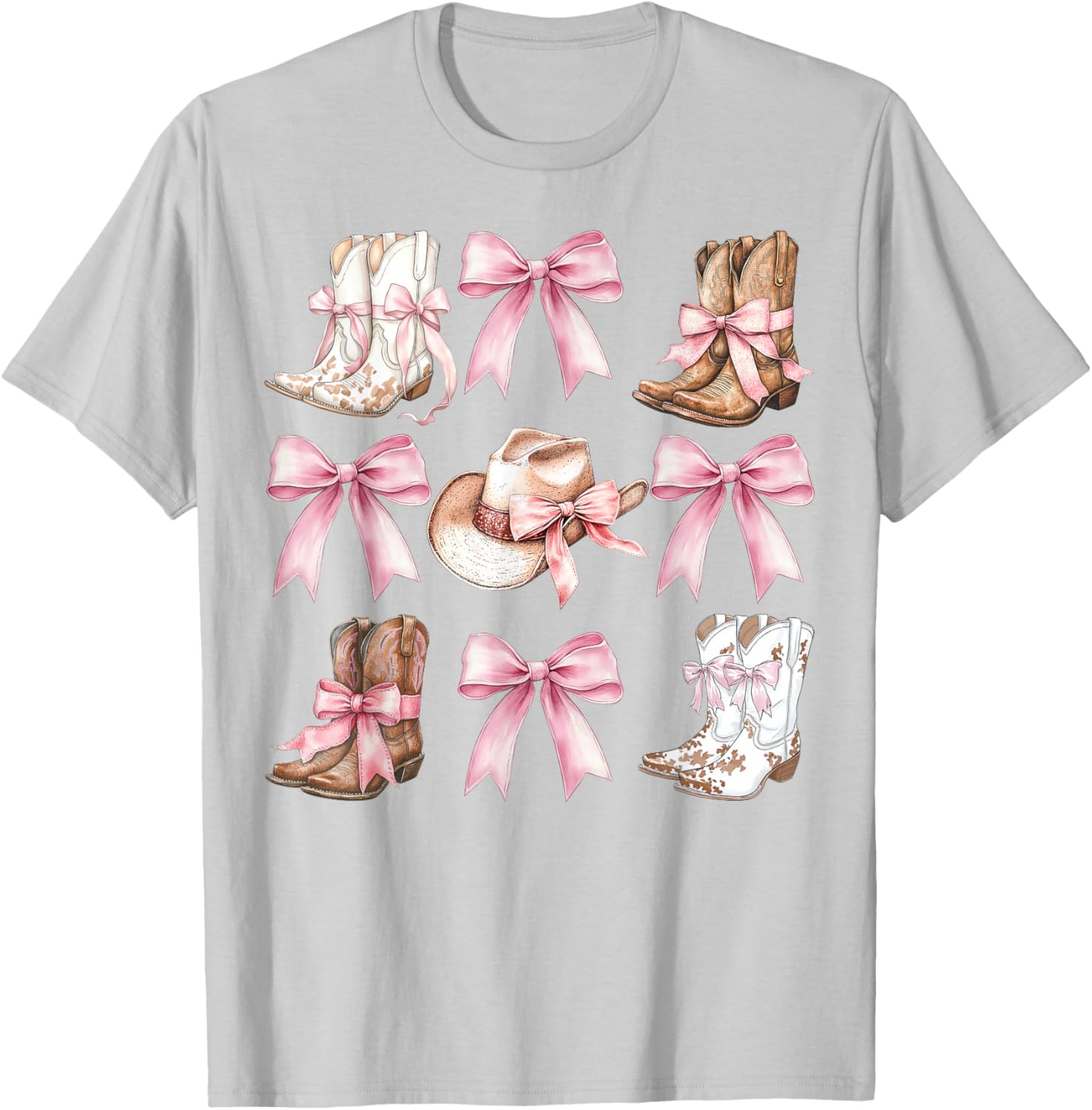 Coquette Cowgirl Boots with Pink Bows Stylish Y2K Womens T-Shirt - 2