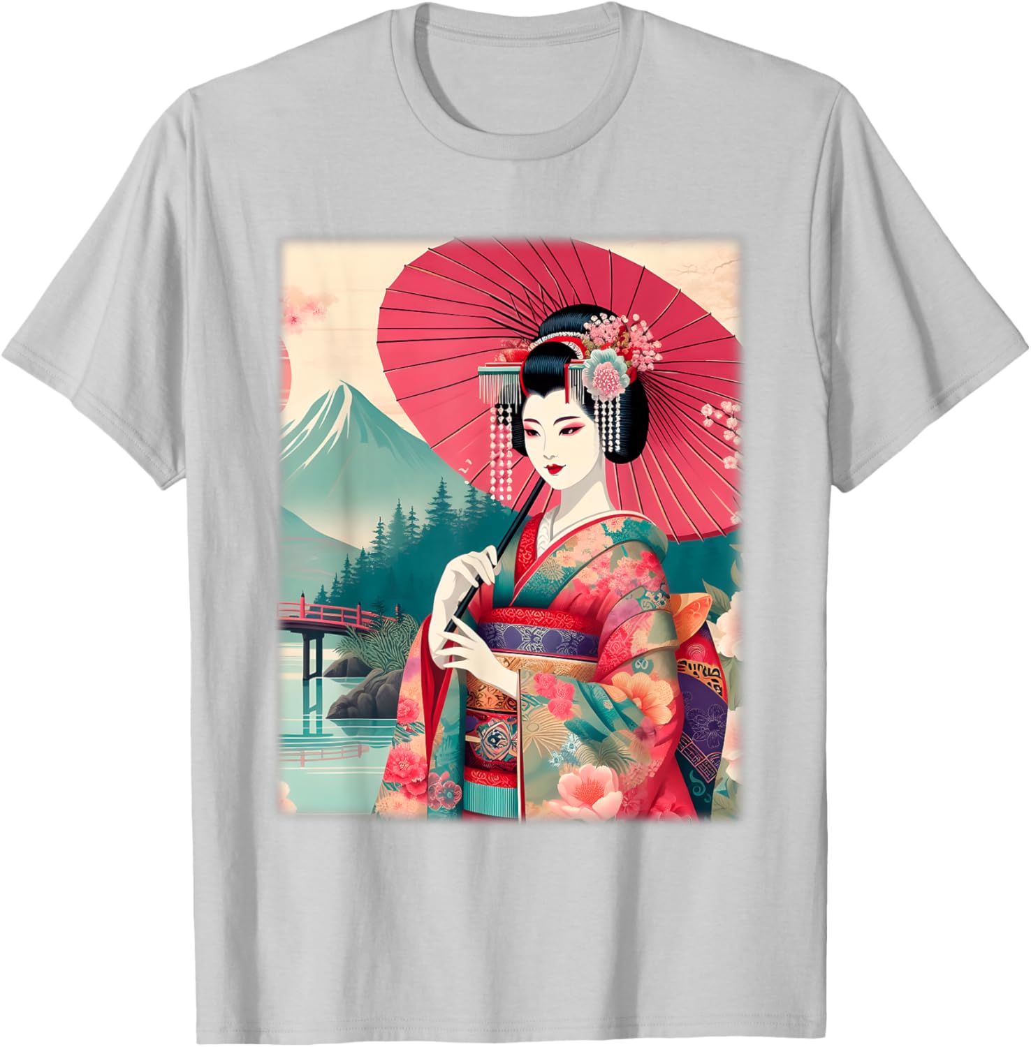 Traditional Japanese Geisha Women's T-Shirt with Hanami Woodblock Art - 24