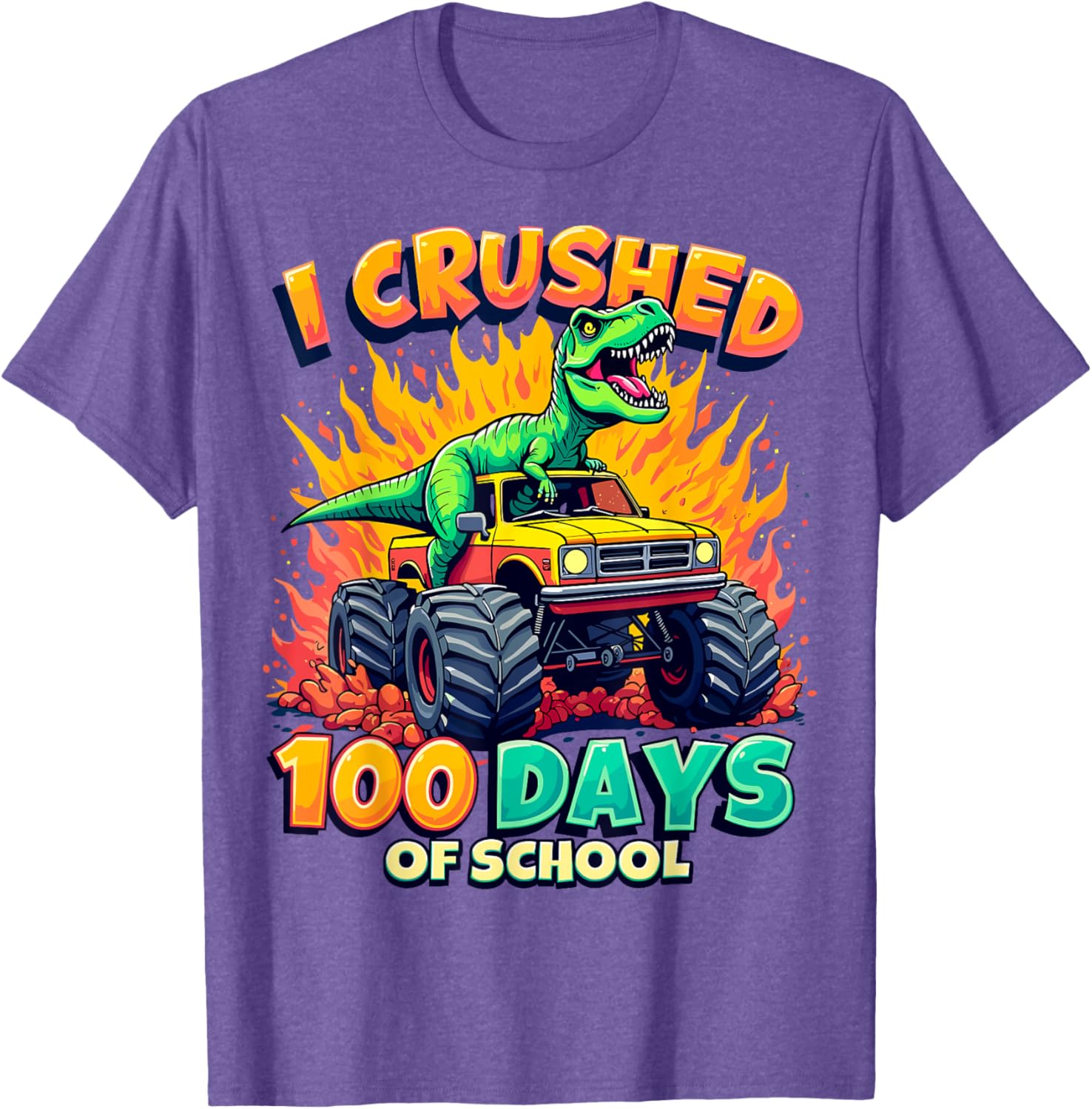 Crushed 100 Days of School Monster Truck Dinosaur T-Shirt for Kids - 18