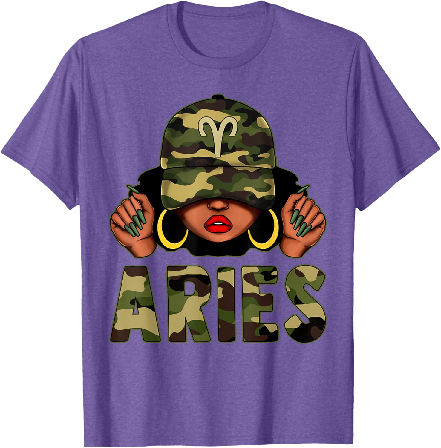 Aries Queen Black Woman Wearing Camo Cap Afro Zodiac T-Shirt - 3
