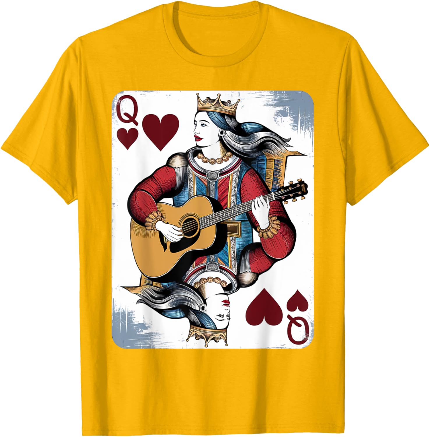 Vintage Queen of Hearts Guitarist T-Shirt for Music and Card Game Lovers - 1