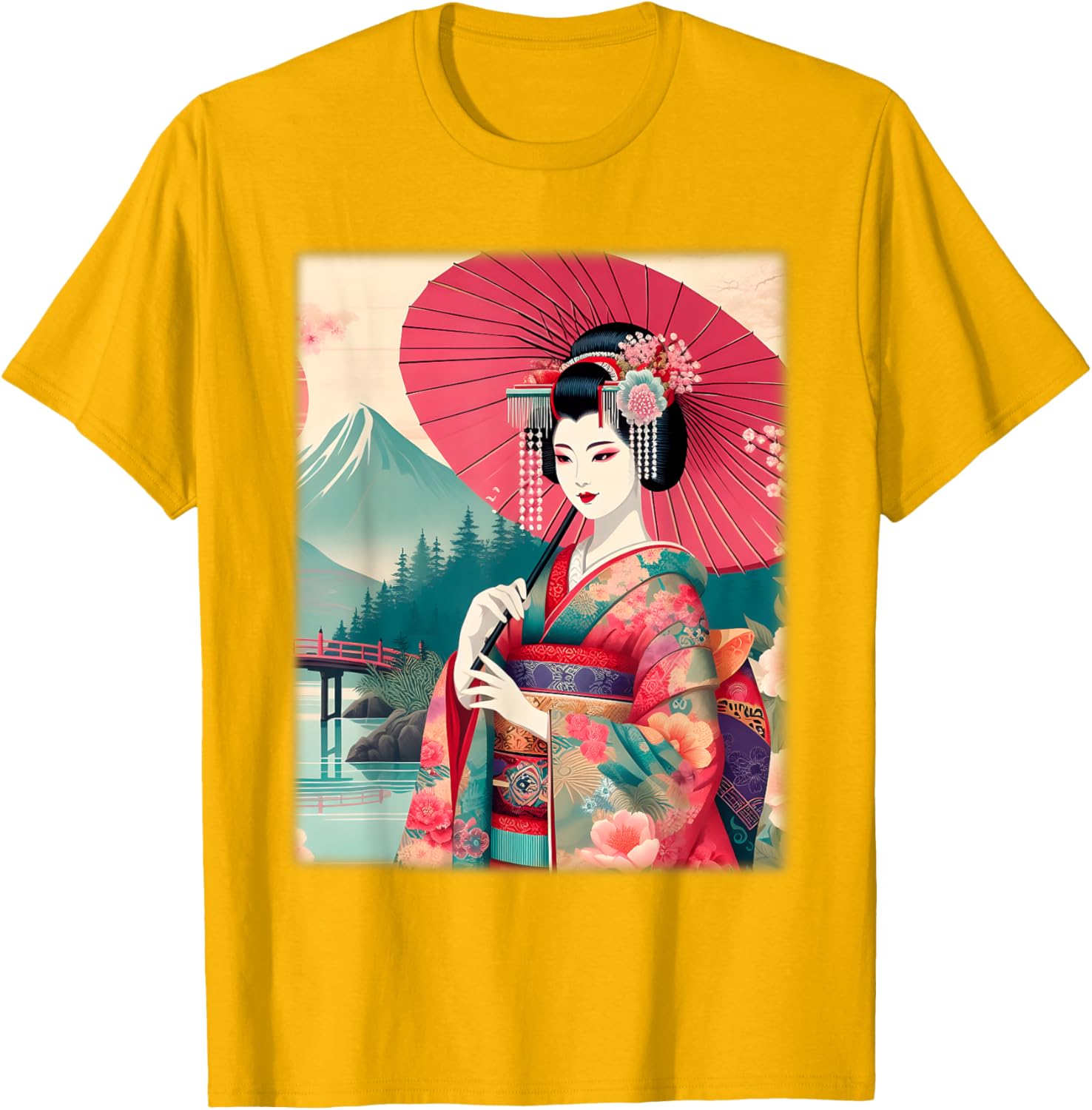 Traditional Japanese Geisha Women's T-Shirt with Hanami Woodblock Art - 10