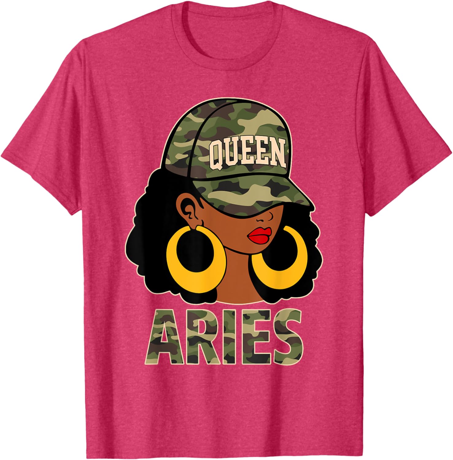 Chic Aries Queen Black Woman Cap Hat and Camo Afro Girl Zodiac T-Shirt - 3