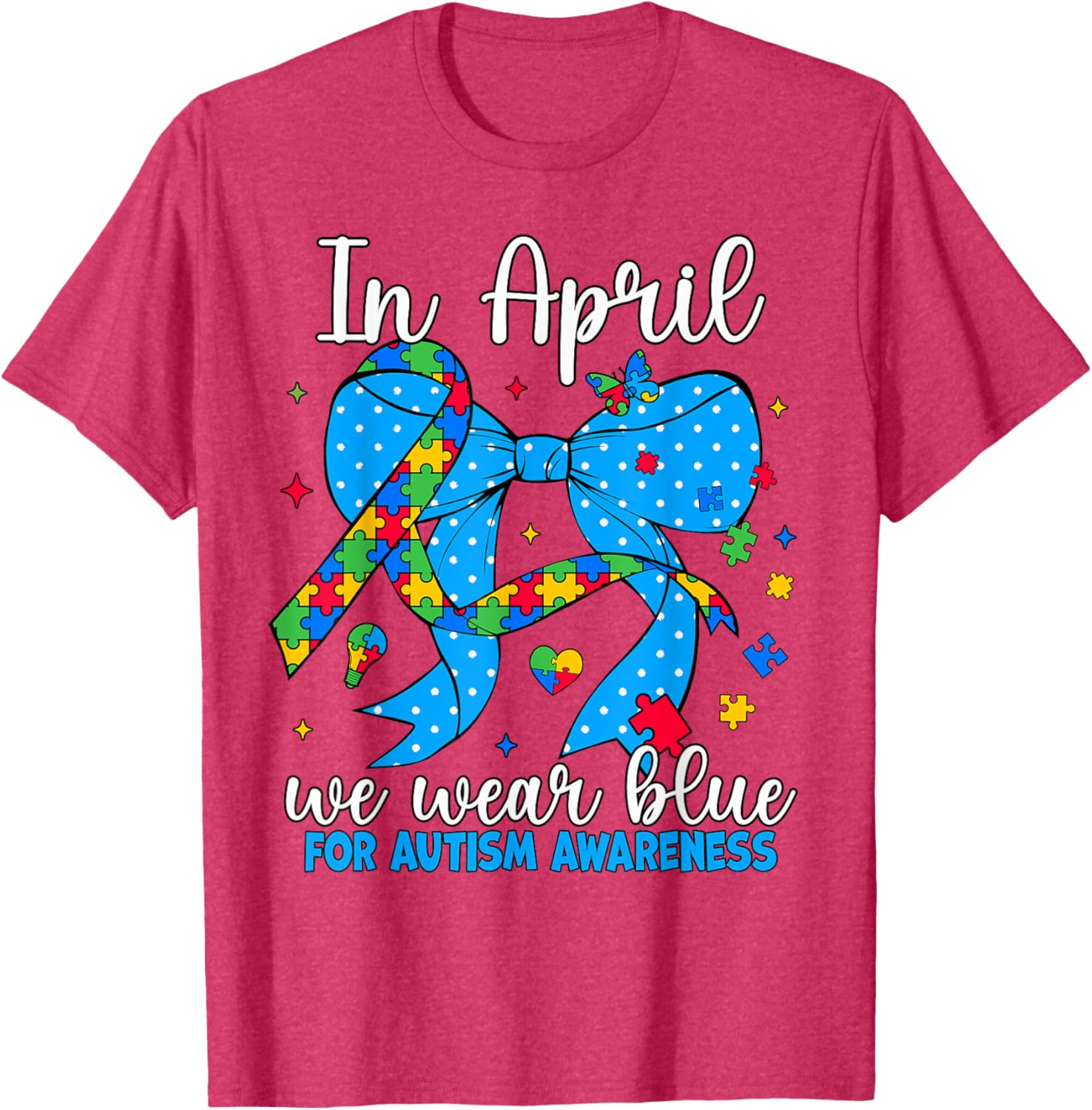 April Autism Awareness Blue Coquette Bow Puzzle T-Shirt for Support - 1
