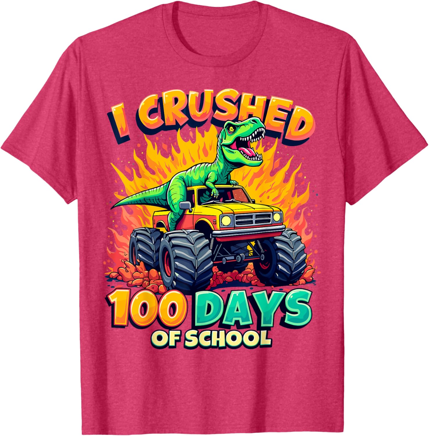 Crushed 100 Days of School Monster Truck Dinosaur T-Shirt for Kids - 4