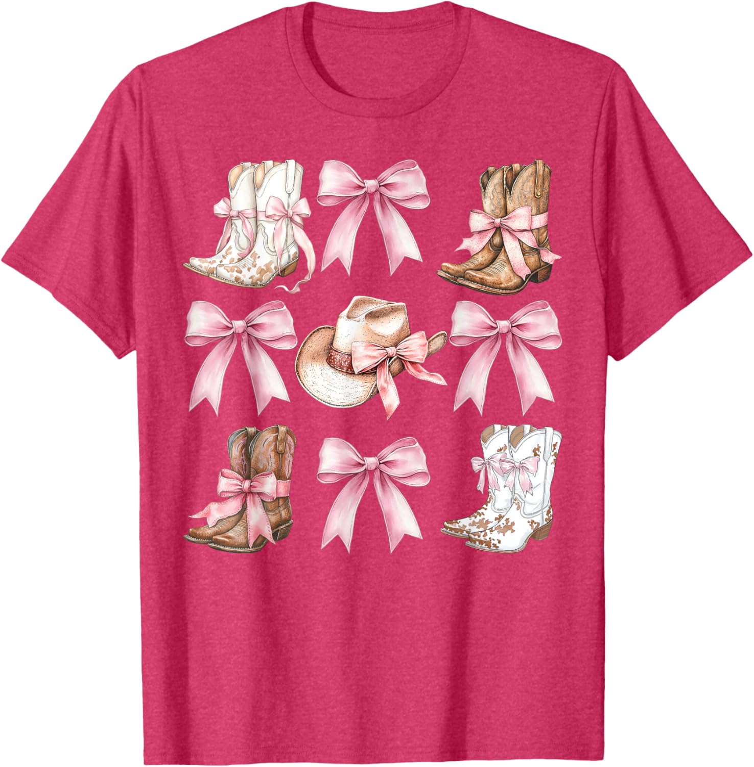 Coquette Cowgirl Boots with Pink Bows Stylish Y2K Womens T-Shirt - 9