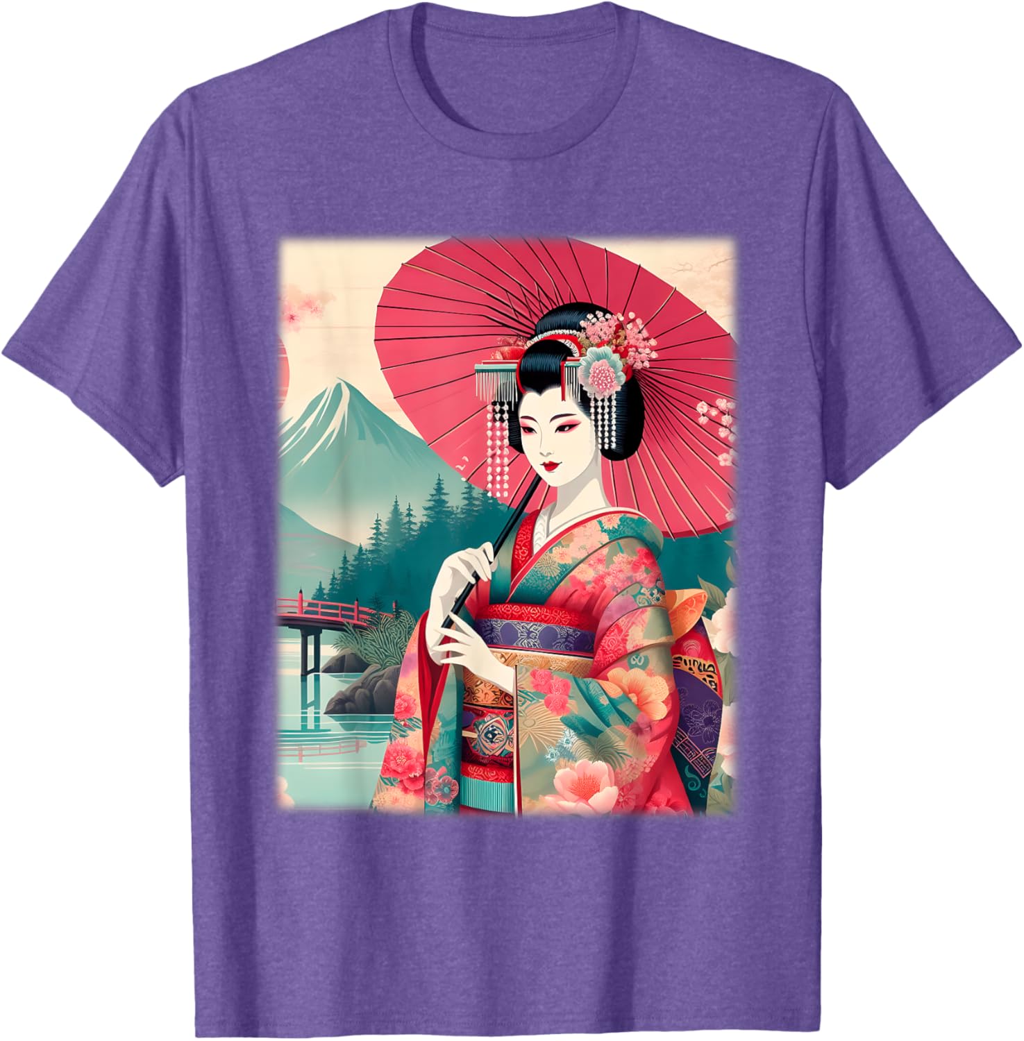 Traditional Japanese Geisha Women's T-Shirt with Hanami Woodblock Art - 12