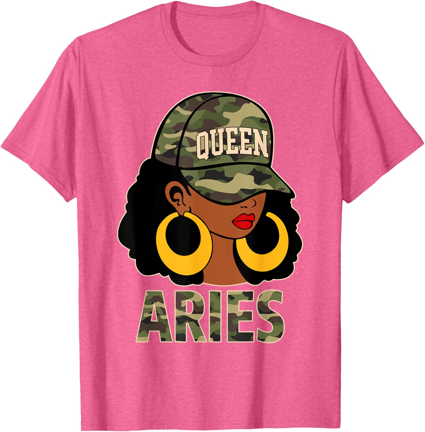 Chic Aries Queen Black Woman Cap Hat and Camo Afro Girl Zodiac T-Shirt - 16
