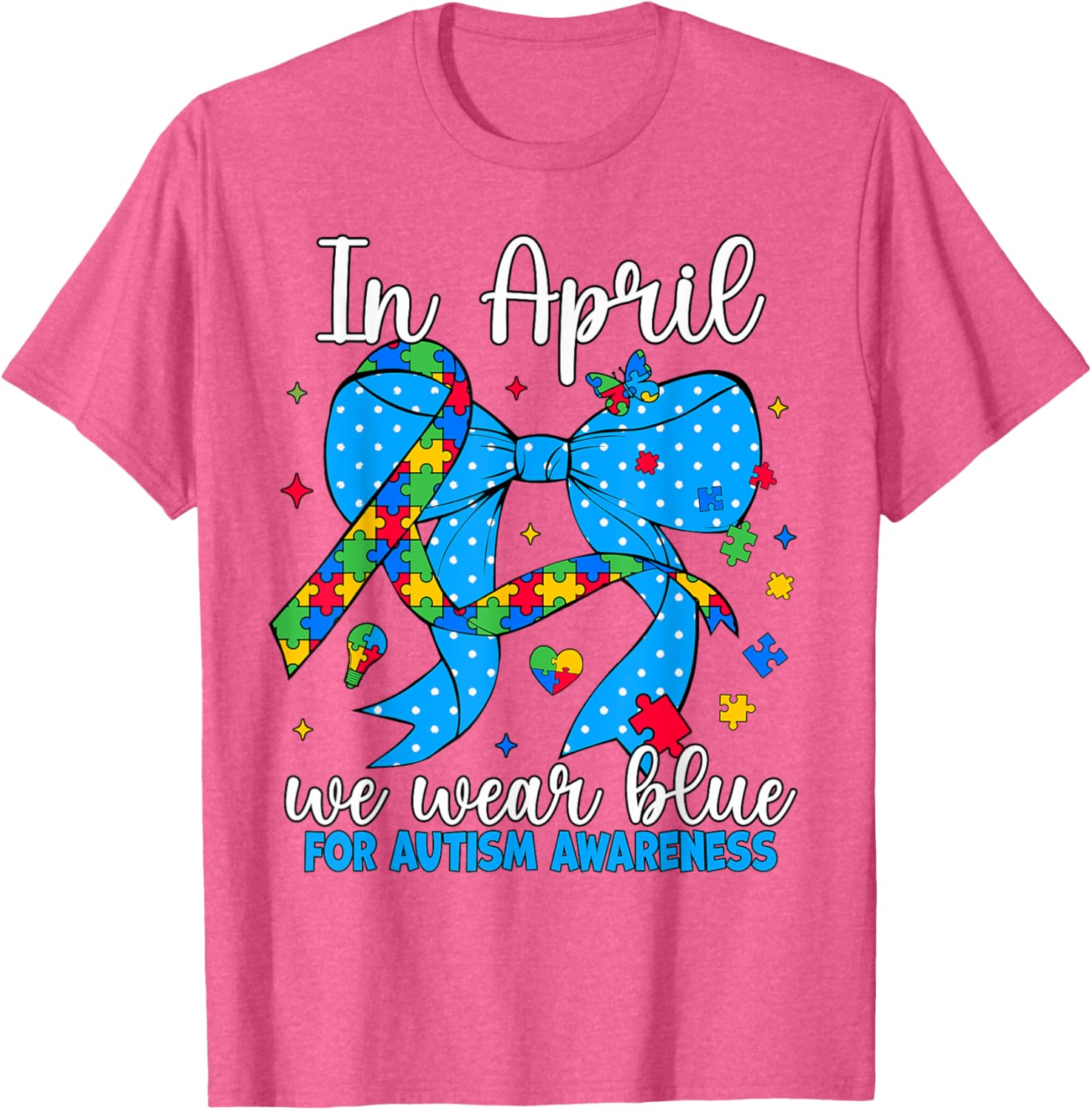 April Autism Awareness Blue Coquette Bow Puzzle T-Shirt for Support - 3