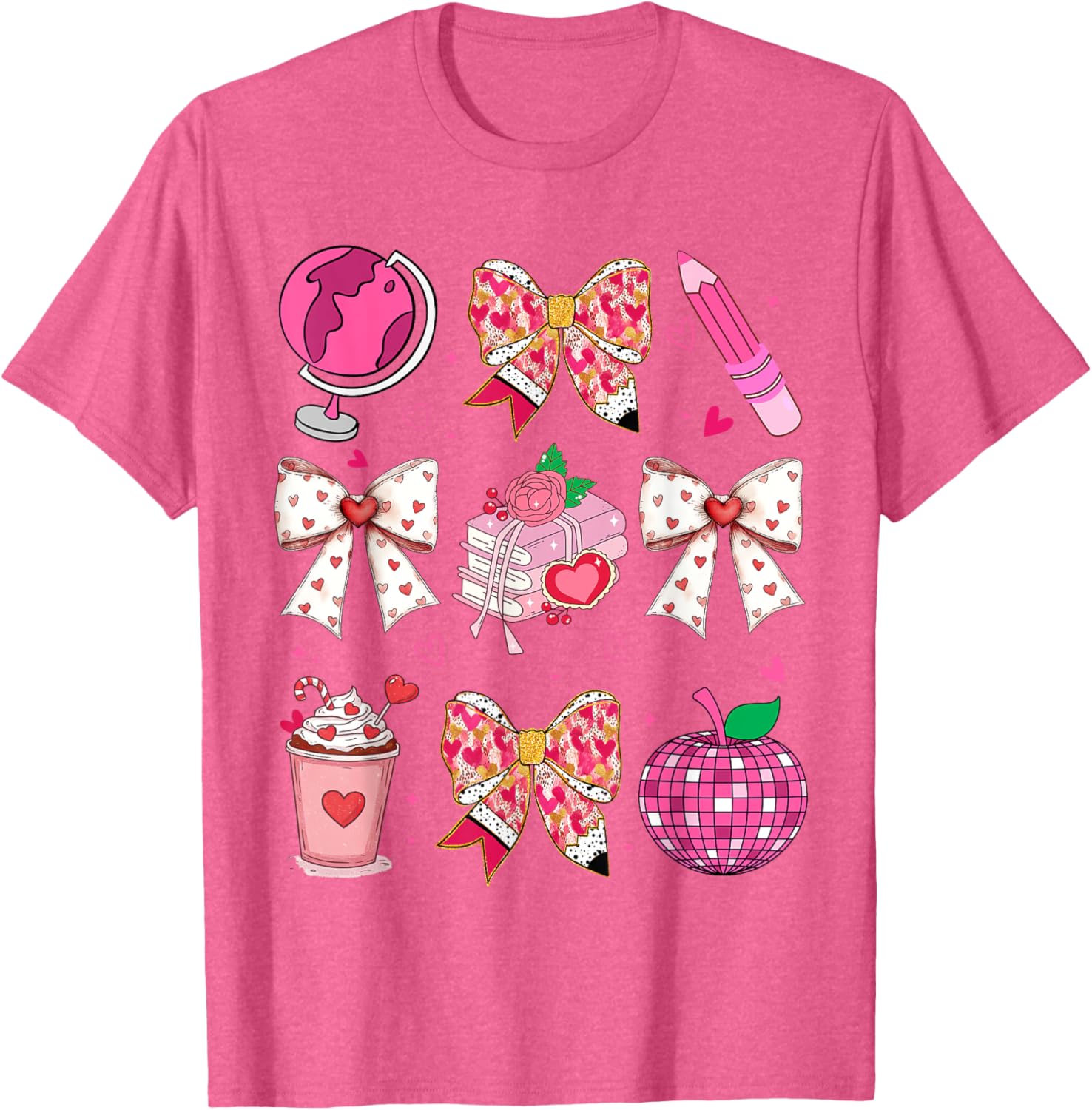Valentine's Day Heart Bow T-Shirt for Teachers with Disco Ball Charm - 26