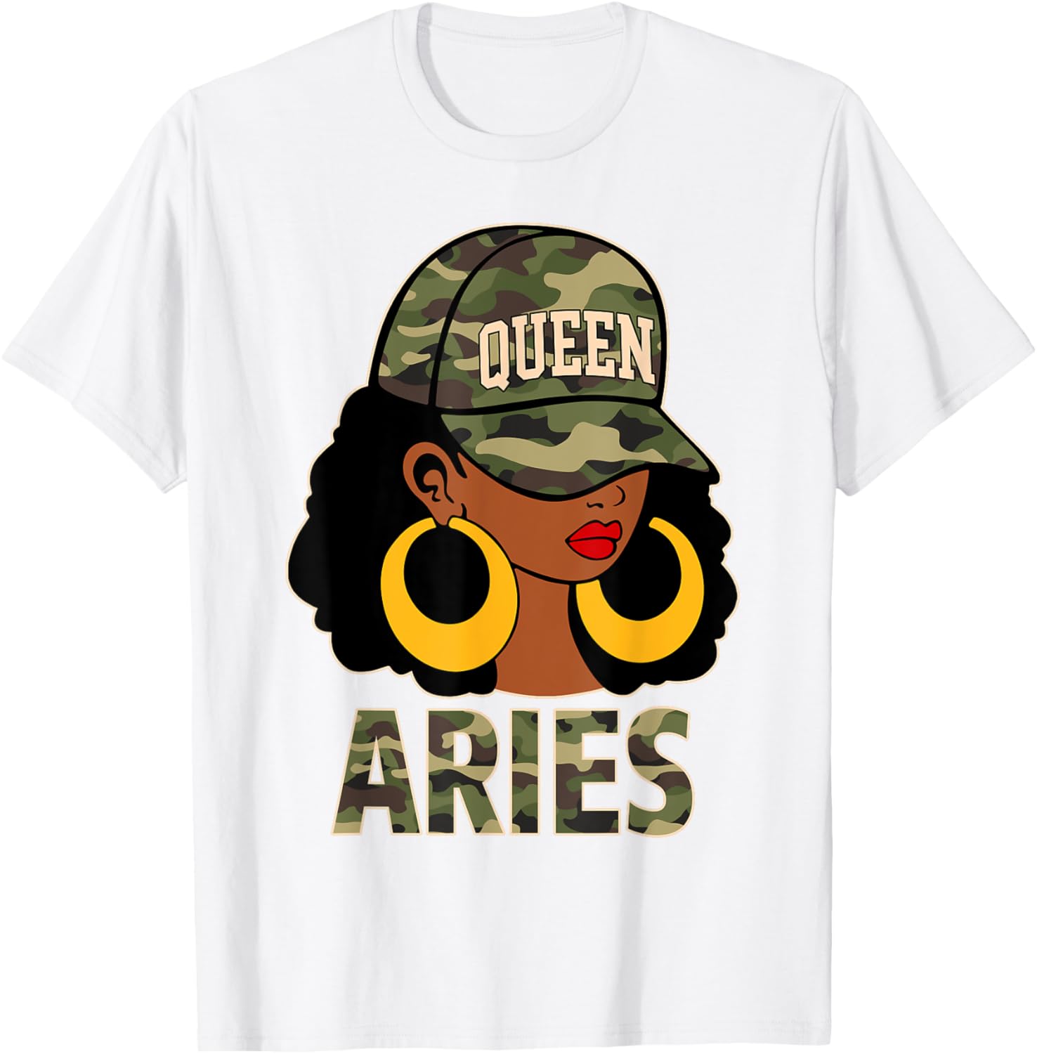 Chic Aries Queen Black Woman Cap Hat and Camo Afro Girl Zodiac T-Shirt - 17