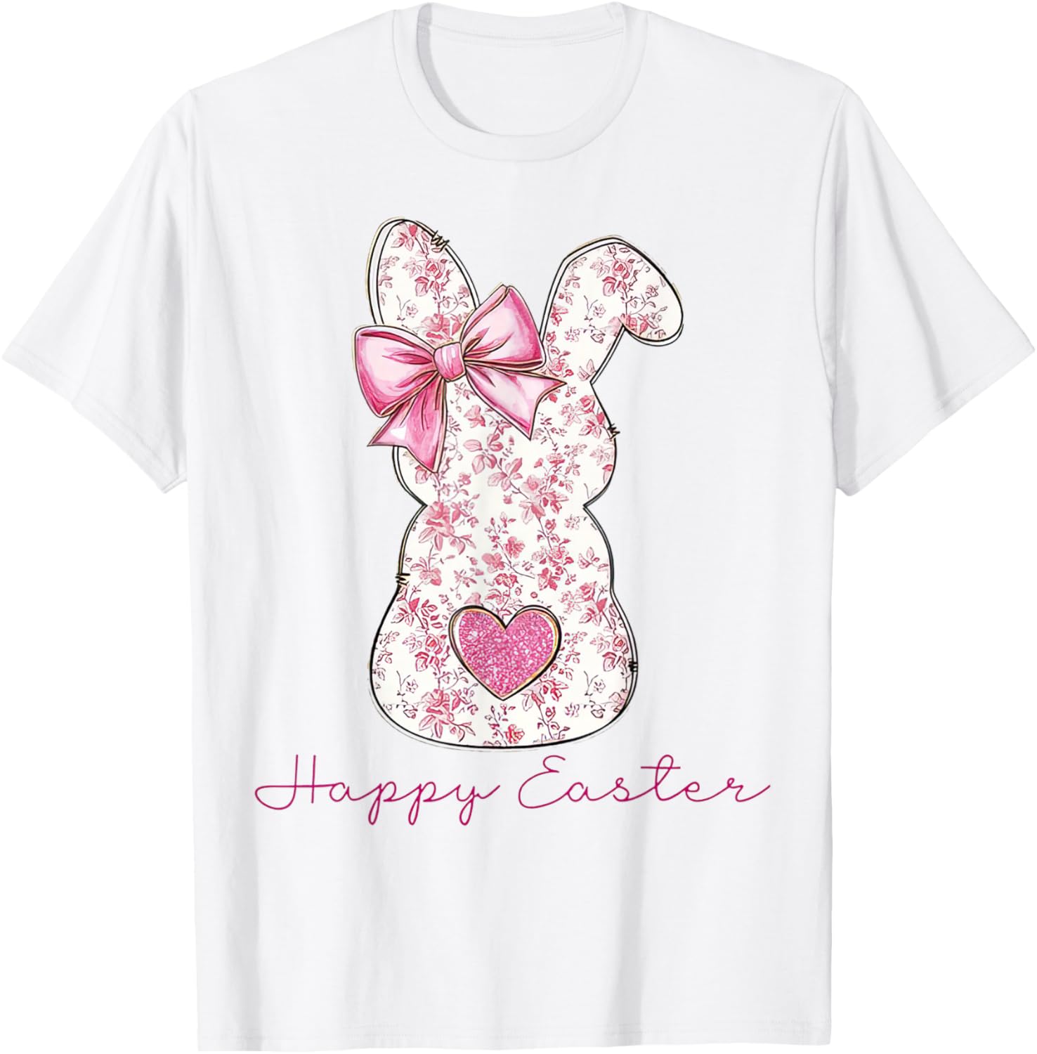 Happy Easter Pink Floral Bunny T-Shirt for Girls and Women - 11