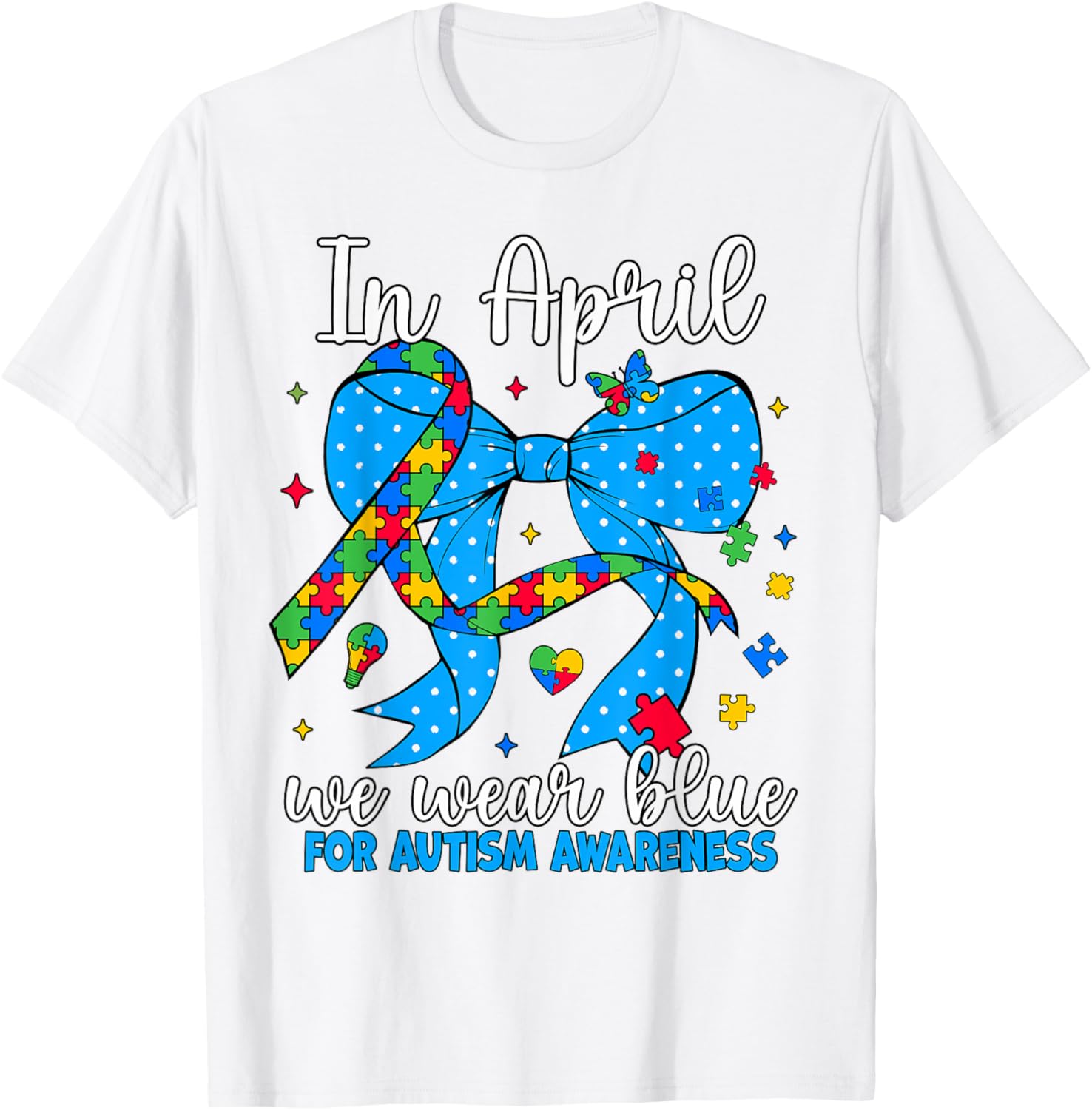 April Autism Awareness Blue Coquette Bow Puzzle T-Shirt for Support - 25