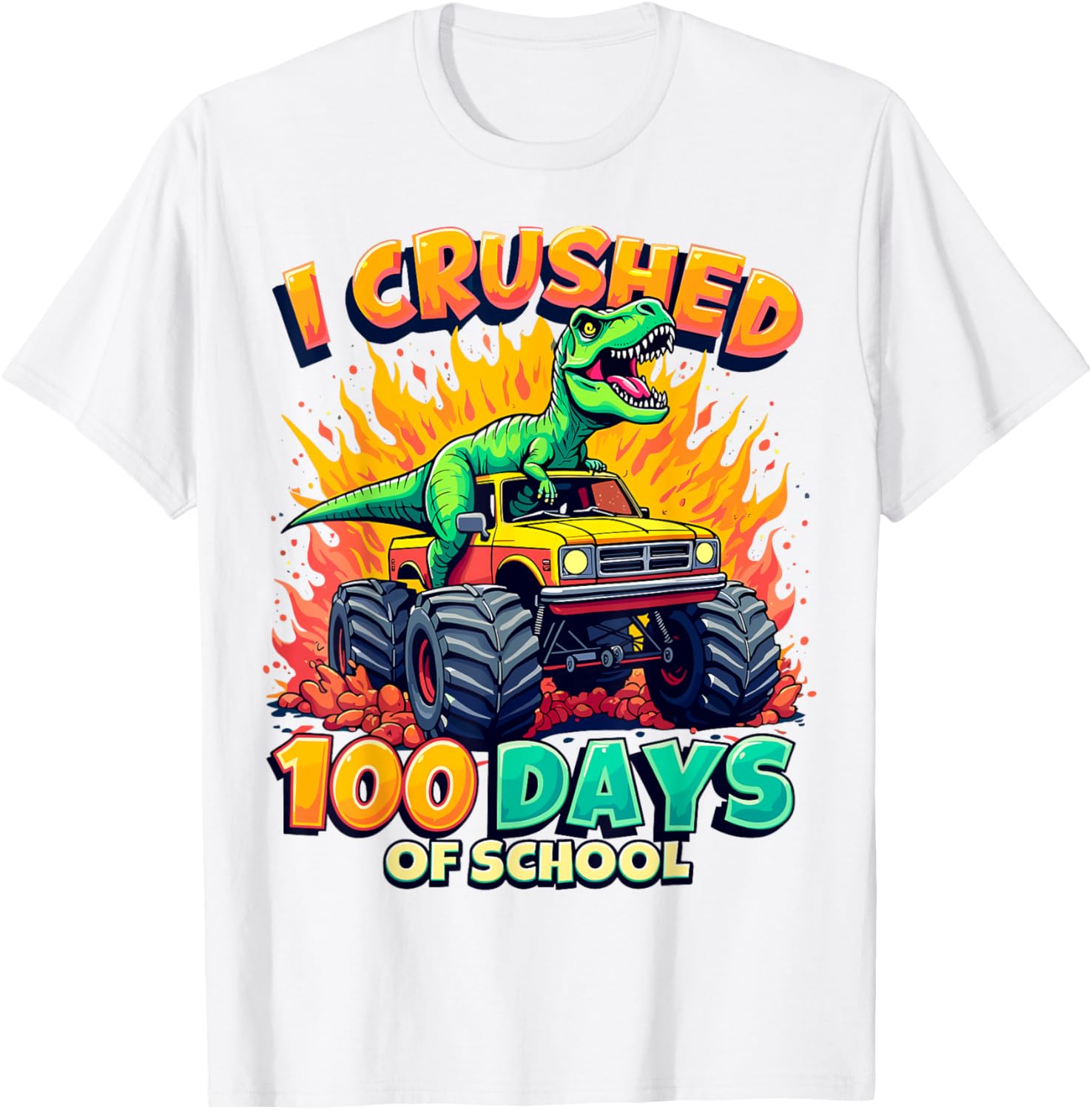 Crushed 100 Days of School Monster Truck Dinosaur T-Shirt for Kids - 5