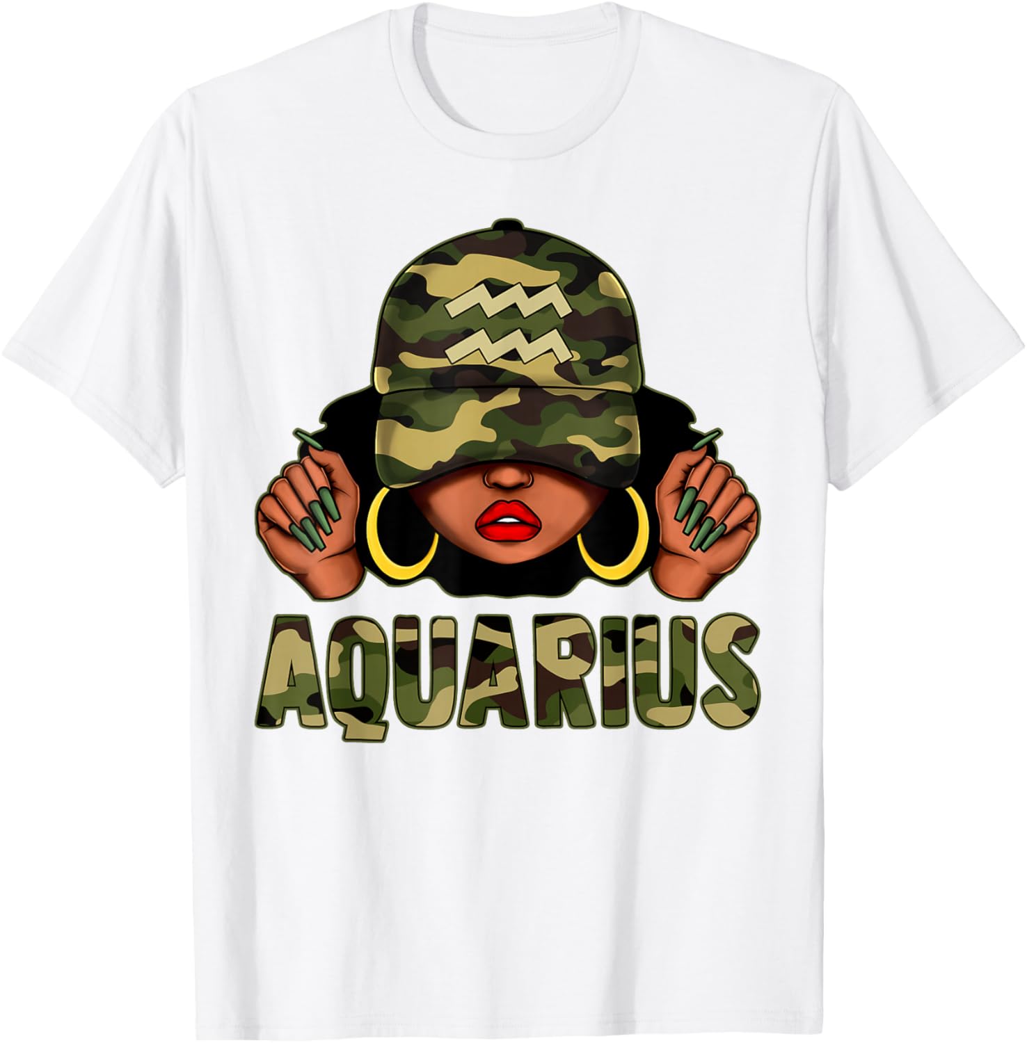 Aquarius Queen Black Woman Camo Afro T-Shirt Stylish Zodiac Apparel - 16