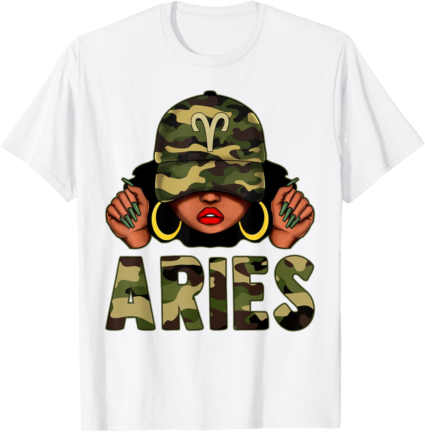 Aries Queen Black Woman Wearing Camo Cap Afro Zodiac T-Shirt - 21