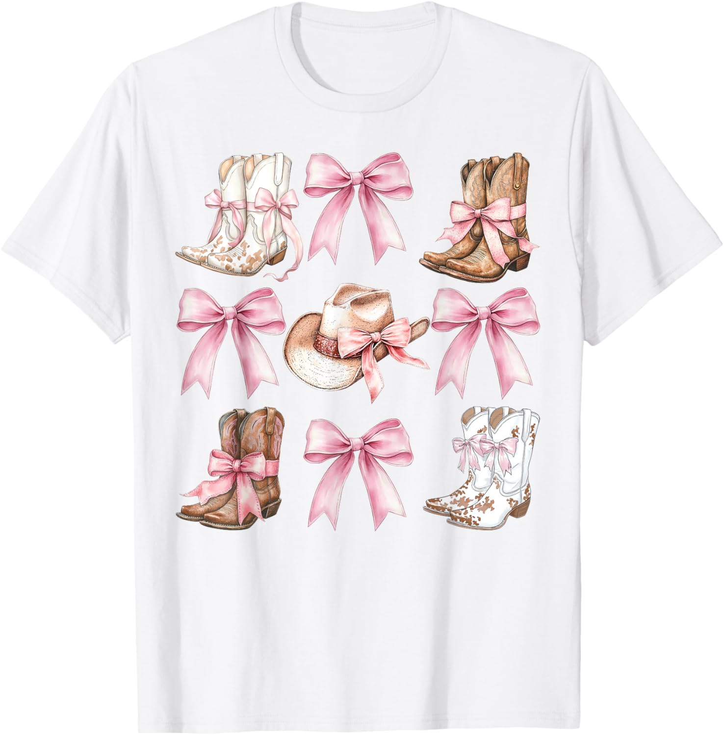 Coquette Cowgirl Boots with Pink Bows Stylish Y2K Womens T-Shirt - 24