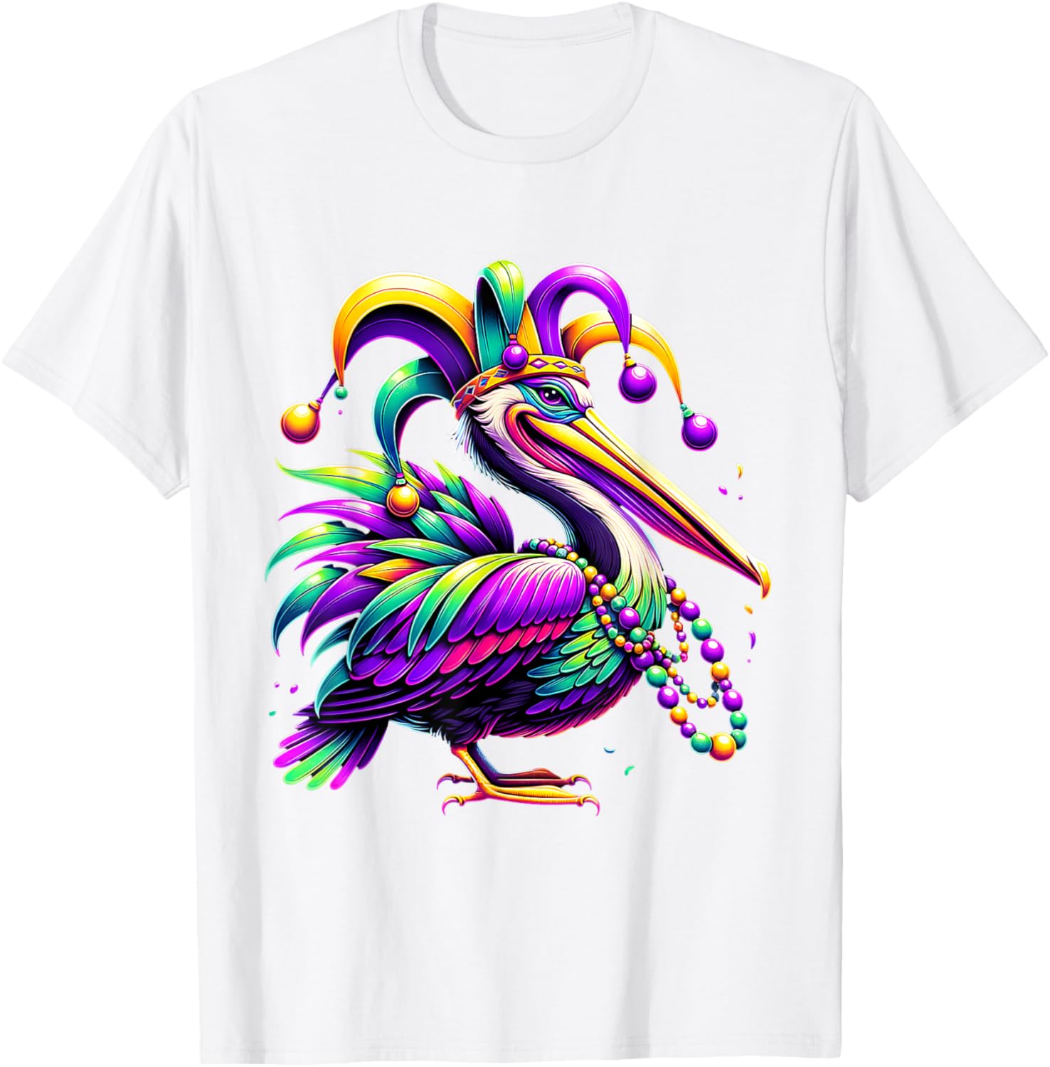 Colorful Mardi Gras Pelican Jester Hat Beads T-Shirt for Festive Fun - 11