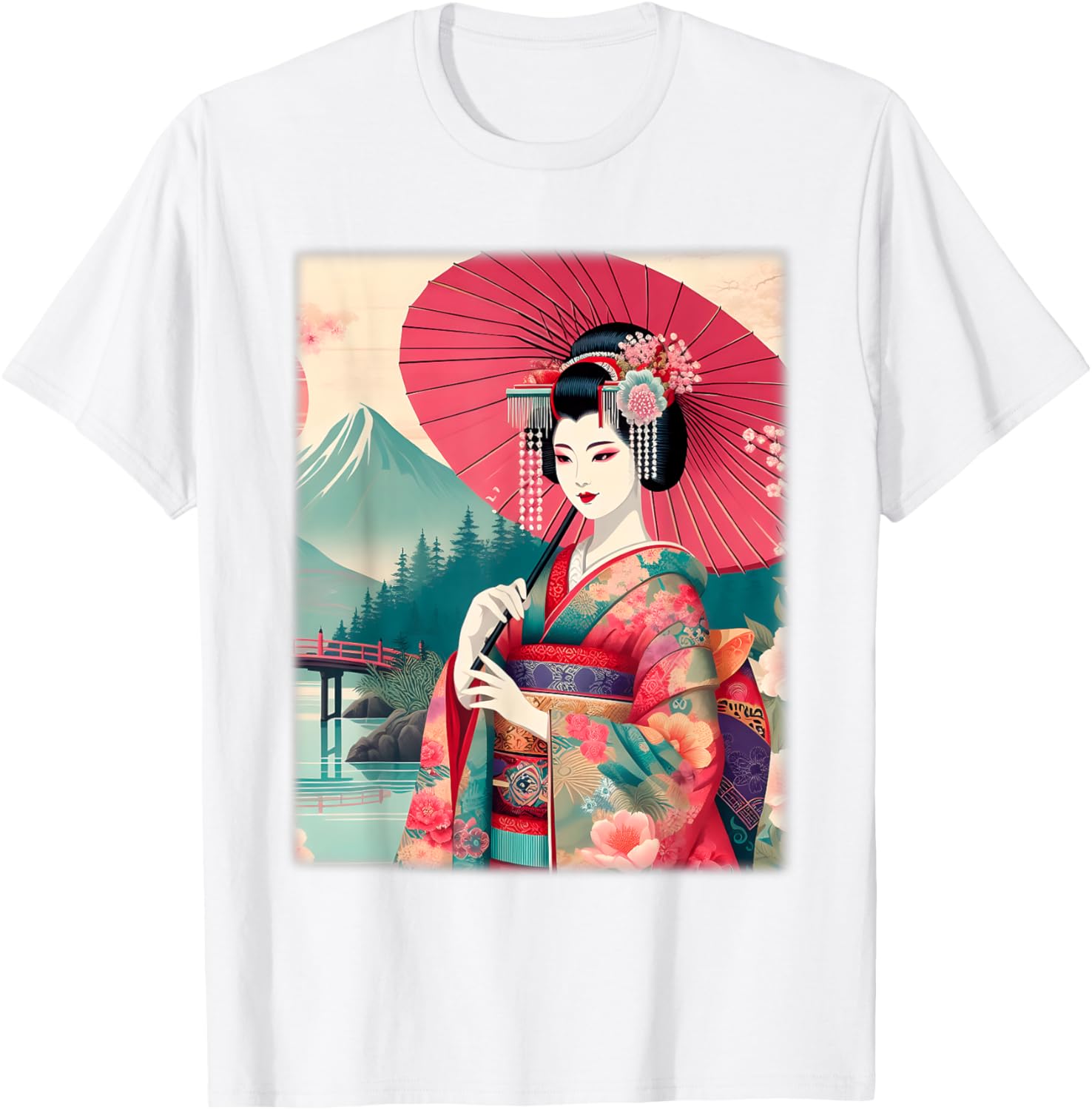 Traditional Japanese Geisha Women's T-Shirt with Hanami Woodblock Art - 16