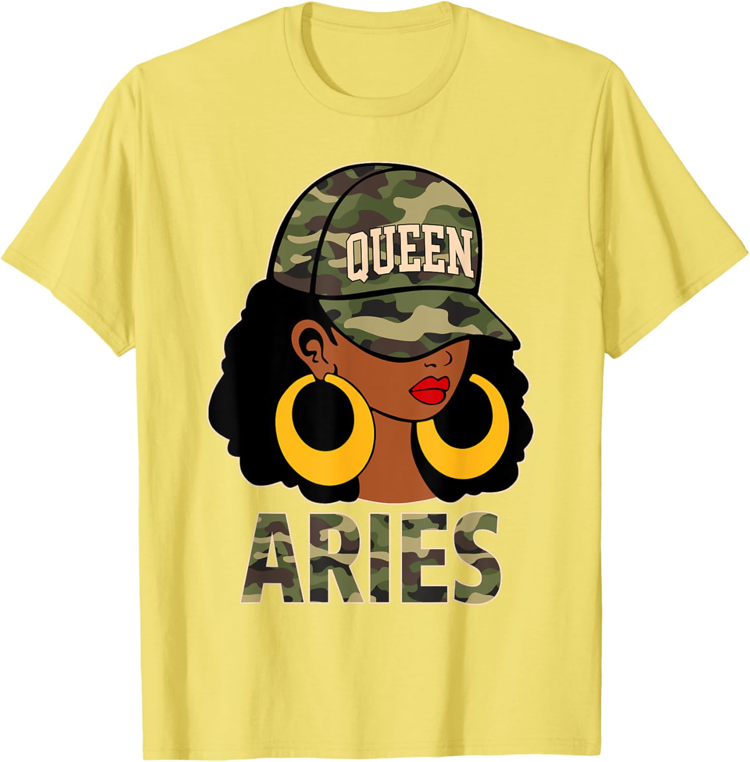Chic Aries Queen Black Woman Cap Hat and Camo Afro Girl Zodiac T-Shirt - 15