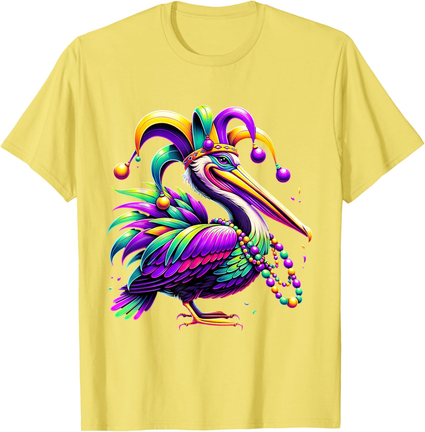 Colorful Mardi Gras Pelican Jester Hat Beads T-Shirt for Festive Fun - 5