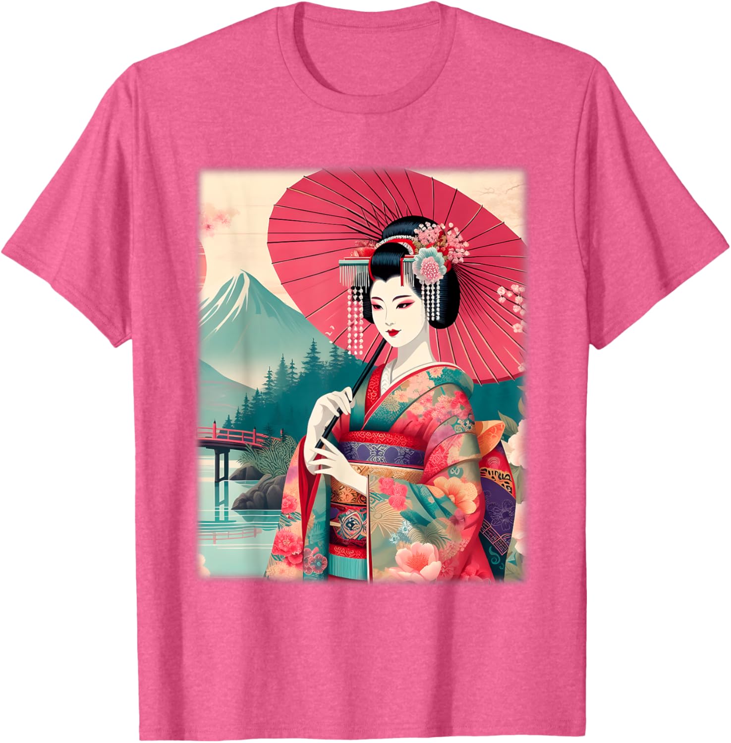 Traditional Japanese Geisha Women's T-Shirt with Hanami Woodblock Art - 18