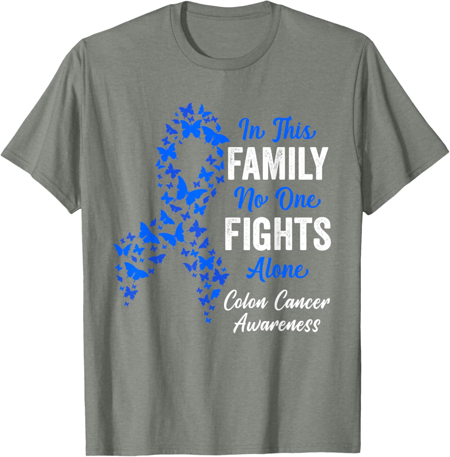 CRC Colon Cancer Awareness Blue Butterflies Family Support T-Shirt - 1