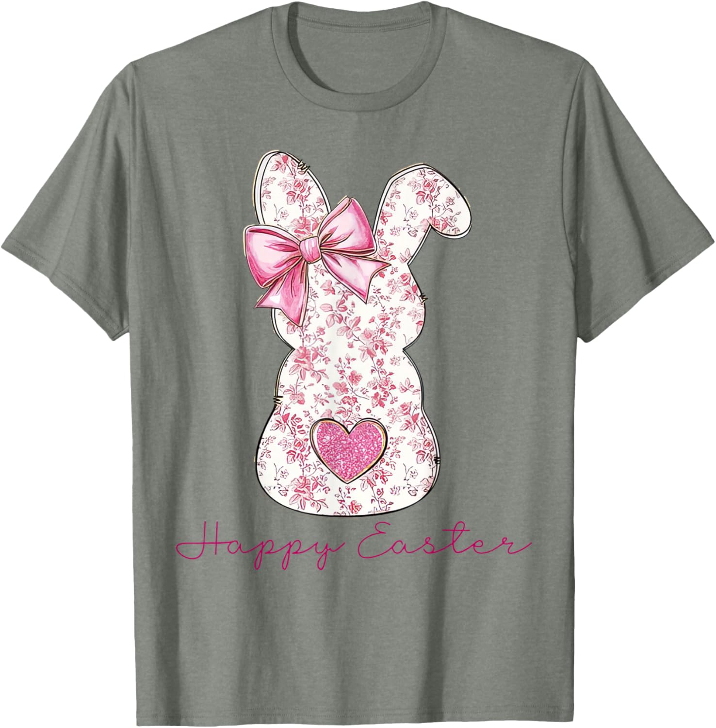 Happy Easter Pink Floral Bunny T-Shirt for Girls and Women - 10