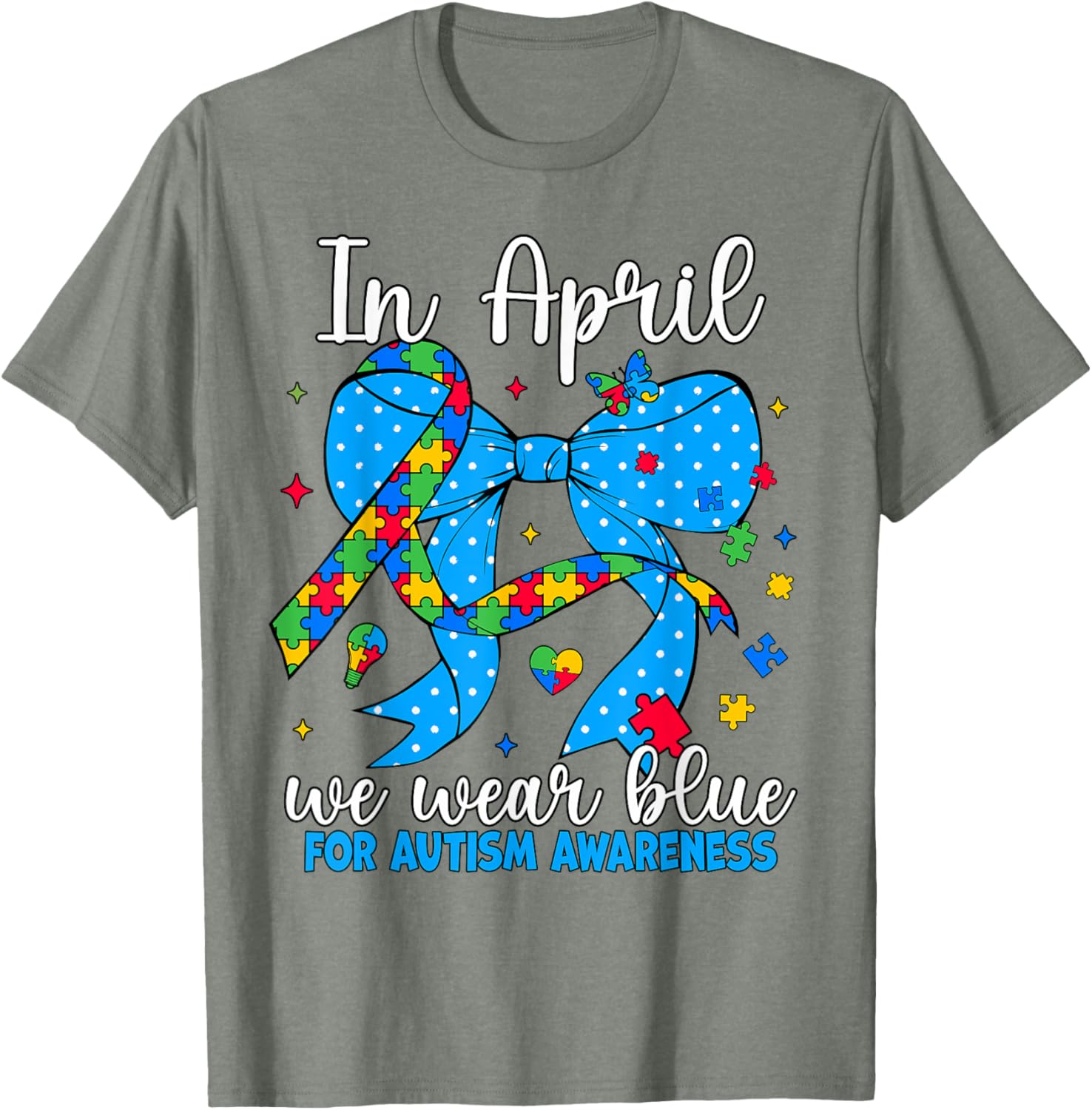 April Autism Awareness Blue Coquette Bow Puzzle T-Shirt for Support - 17