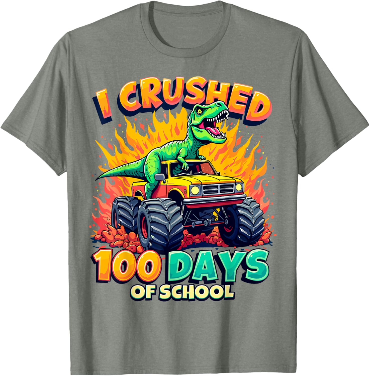 Crushed 100 Days of School Monster Truck Dinosaur T-Shirt for Kids - 14