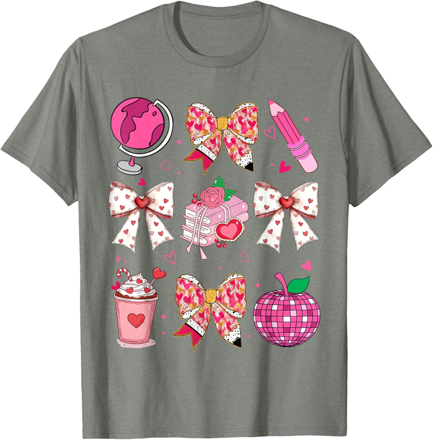 Valentine's Day Heart Bow T-Shirt for Teachers with Disco Ball Charm - 1