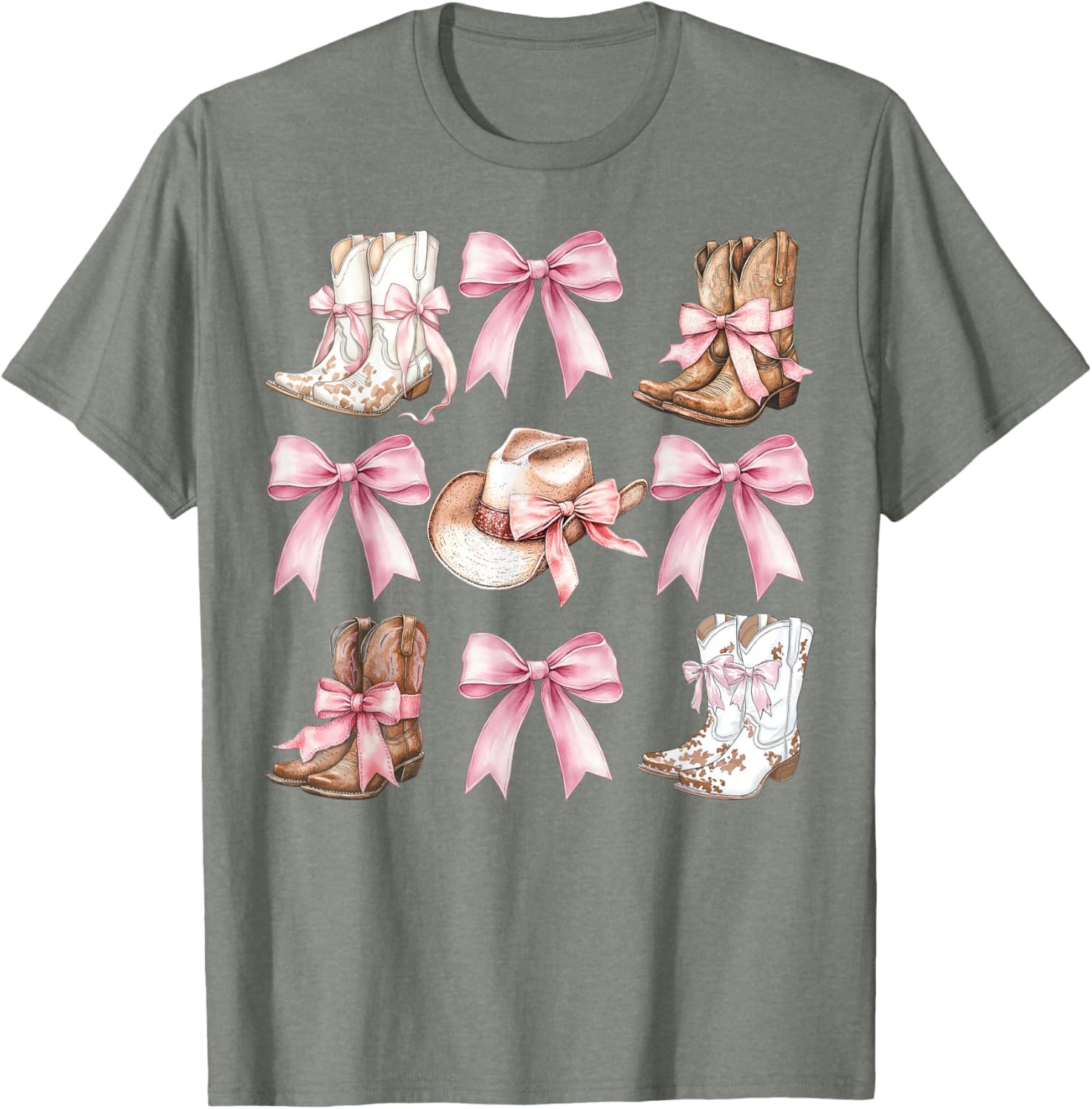 Coquette Cowgirl Boots with Pink Bows Stylish Y2K Womens T-Shirt - 3