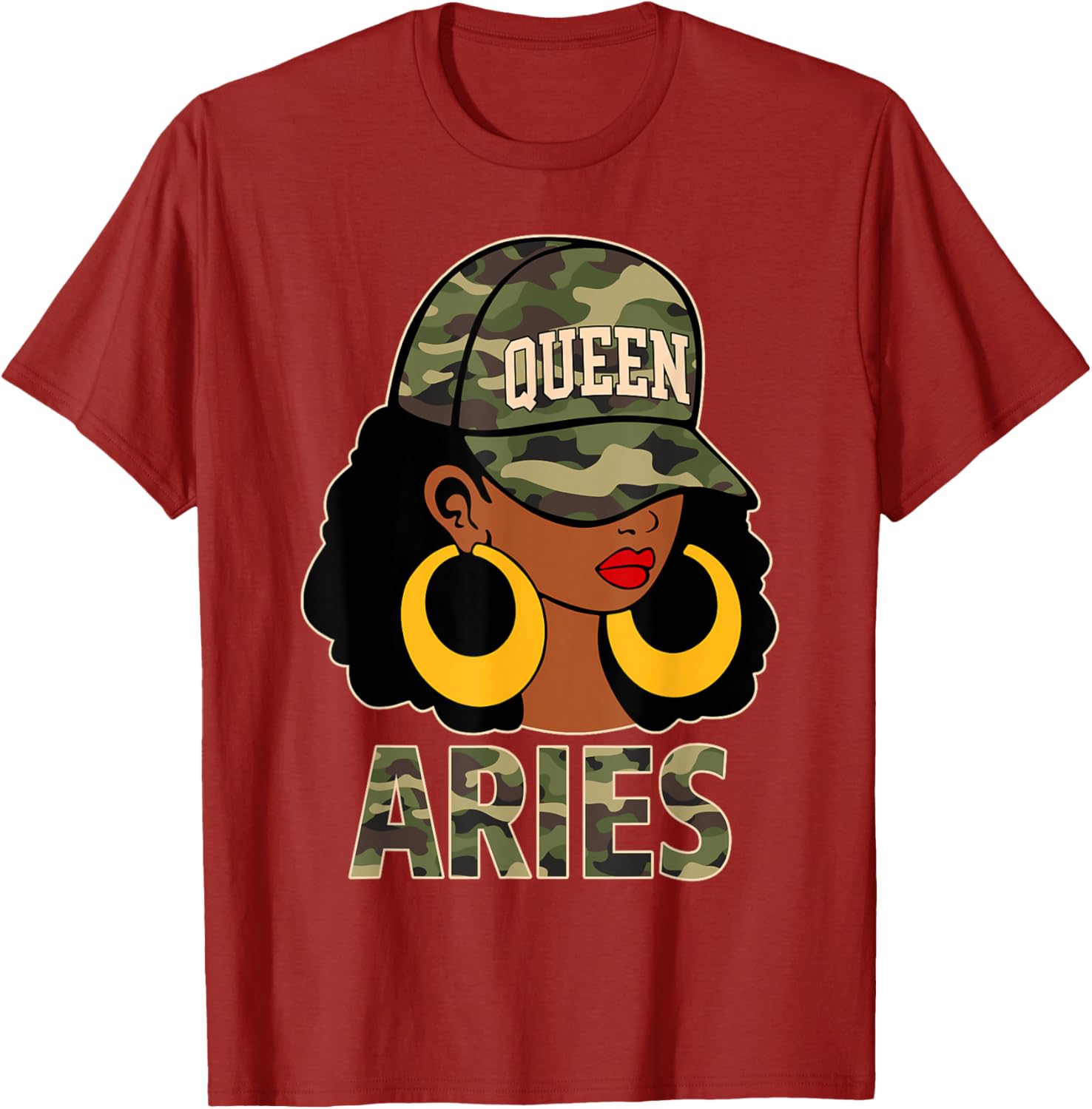 Chic Aries Queen Black Woman Cap Hat and Camo Afro Girl Zodiac T-Shirt - 9
