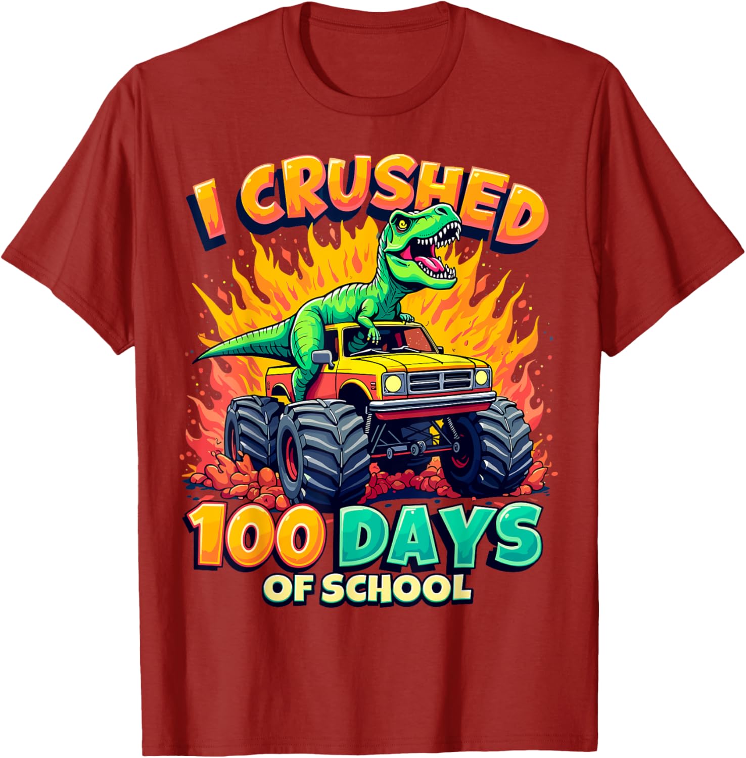 Crushed 100 Days of School Monster Truck Dinosaur T-Shirt for Kids - 8